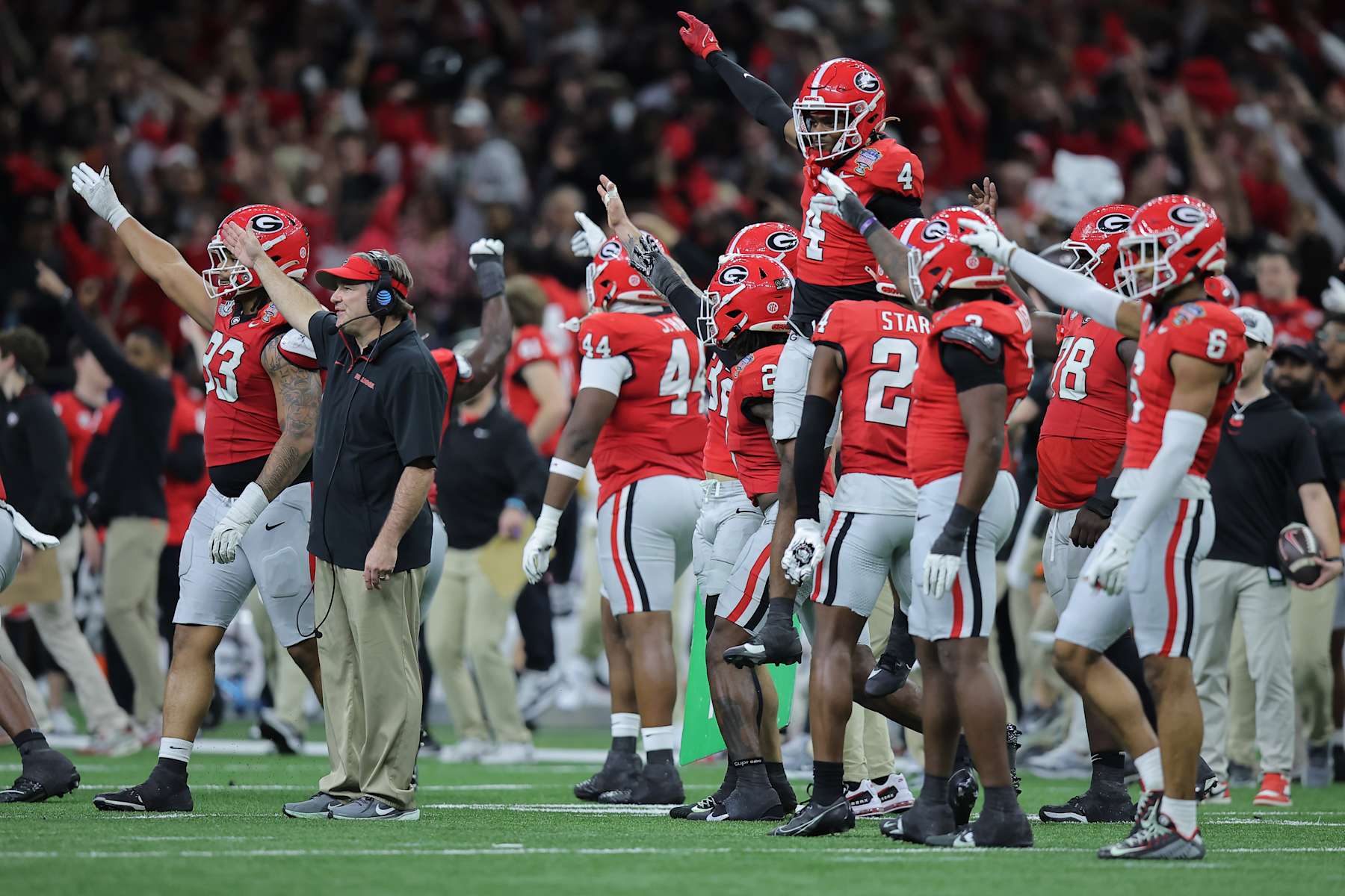 NEW ORLEANS, LOUISIANA - JANUARY 02: The Georgia Bulldogs react after a defensive stop during the third quarter against the Notre Dame Fighting Irish during the 91st Allstate Sugar Bowl at Caesars Superdome on January 02, 2025 in New Orleans, Louisiana. (Photo by Jonathan Bachman/Getty Images)
