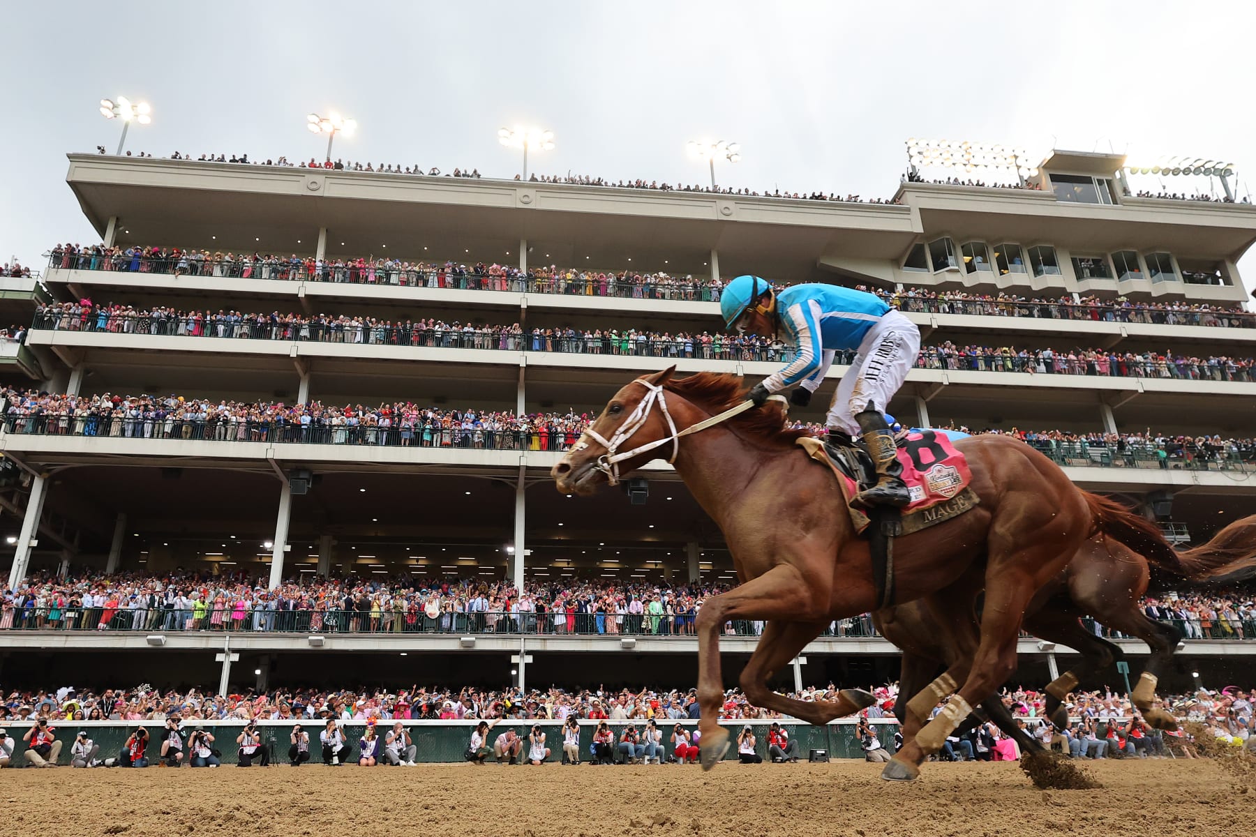 LOUISVILLE, KENTUCKY - MAY 06: Javier Castellano celebrates atop Mage #8, after crossing the finish line to win the 149th running of the Kentucky Derby at Churchill Downs on May 06, 2023 in Louisville, Kentucky. (Photo by Michael Reaves/Getty Images)
