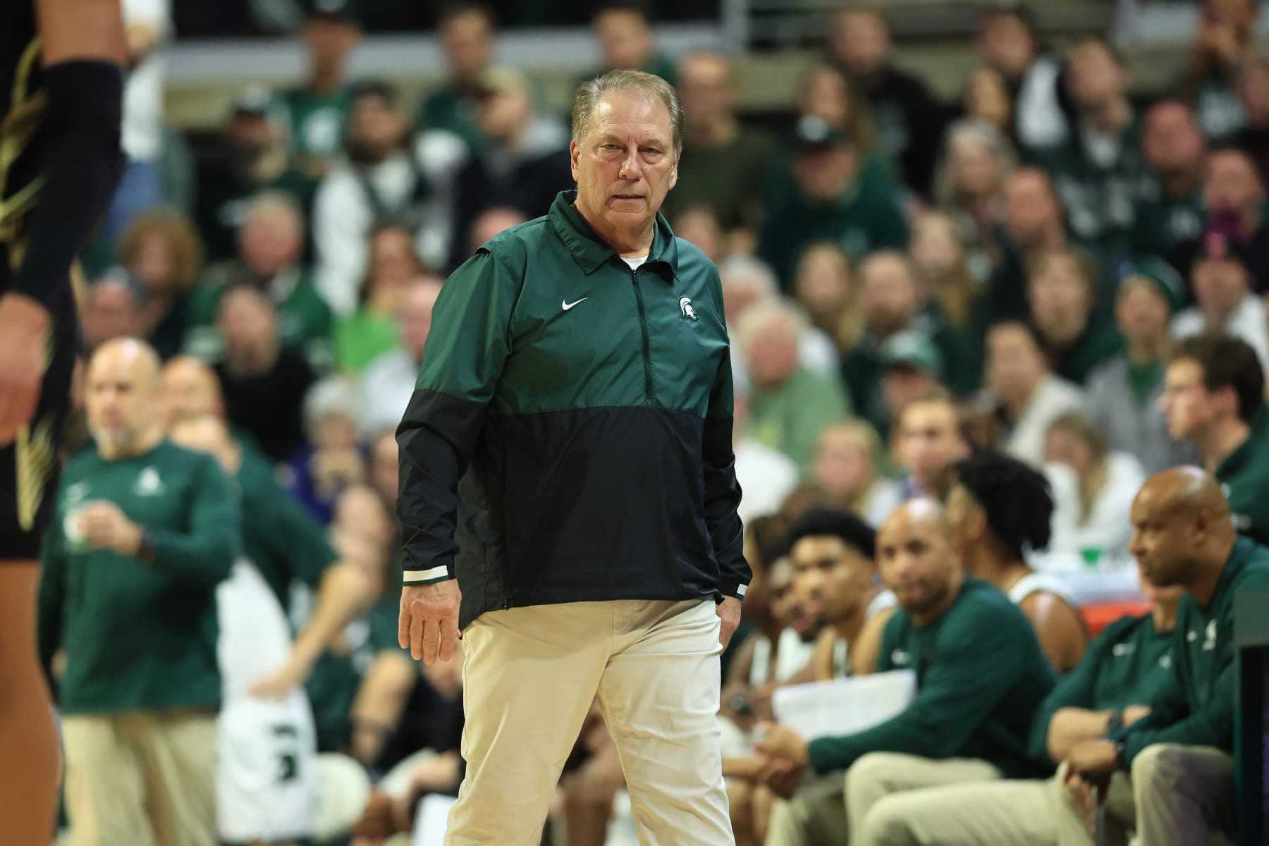 EAST LANSING, MICHIGAN - DECEMBER 18:  Head coach Tom Izzo of the Michigan State Spartans looks on during the second half against the Oakland Golden Grizzlies at Breslin Center on December 18, 2023 in East Lansing, Michigan. (Photo by Rey Del Rio/Getty Images)