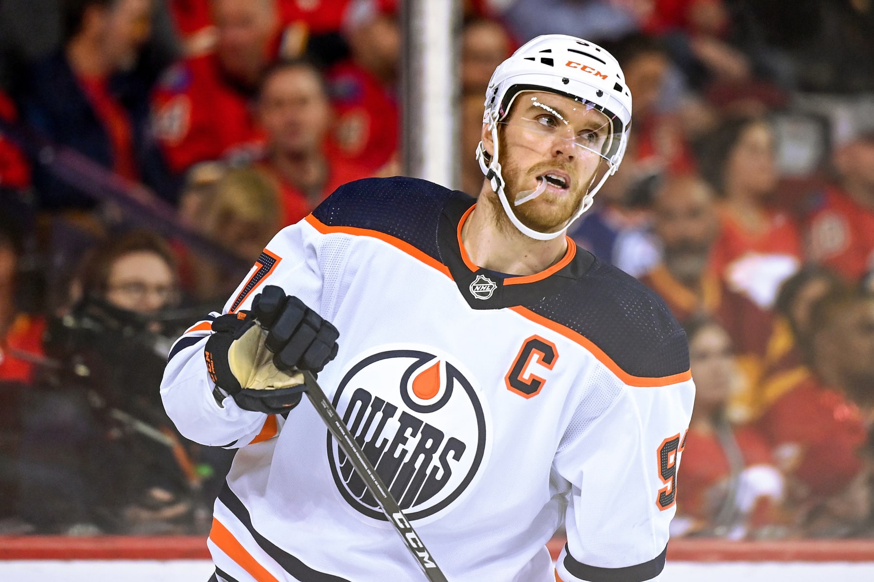 CALGARY, AB - MAY 26: Edmonton Oilers Center Connor McDavid (97) looks on after a whistle during the third period of game 5 of the second round of the NHL Stanley Cup Playoffs between the Calgary Flames and the Edmonton Oilers on May 26, 2022, at the Scotiabank Saddledome in Calgary, AB. (Photo by Brett Holmes/Icon Sportswire via Getty Images)