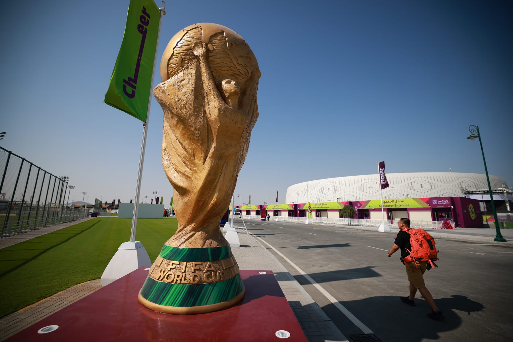 DOHA, QATAR - NOVEMBER 14: A FIFA World Cup trophy monument is seen at the entrance of  Al Thumama stadium ahead of the FIFA World Cup Qatar 2022 on November 14, 2022 in Doha, Qatar. (Photo by Hector Vivas - FIFA/FIFA via Getty Images)