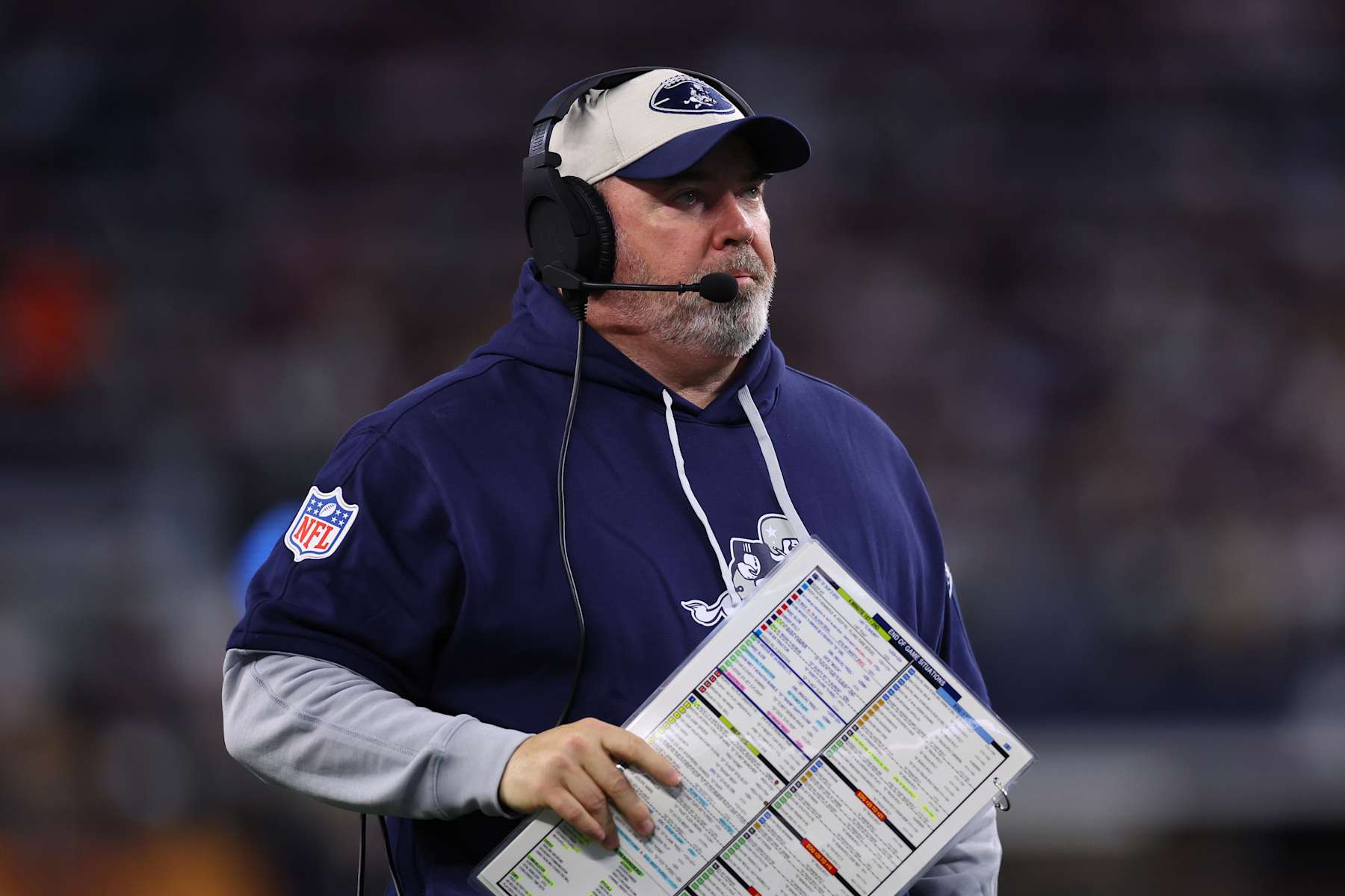 ARLINGTON, TEXAS - NOVEMBER 28: Head coach Mike McCarthy of the Dallas Cowboys looks on during the second quarter against the New York Giants at AT&T Stadium on November 28, 2024 in Arlington, Texas. (Photo by Sam Hodde/Getty Images)