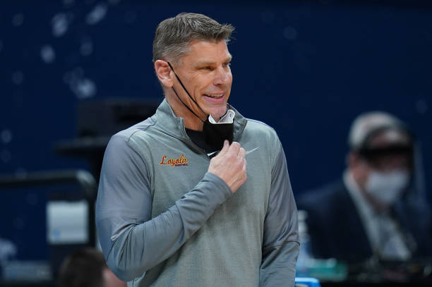 INDIANAPOLIS, IN - MARCH 27: Head coach Porter Moser of the Loyola Ramblers  looks on against the Oregon State Beavers in the Sweet Sixteen round of the 2021 NCAA Division I Mens Basketball Tournament held at Bankers Life Fieldhouse on March 27, 2021 in Indianapolis, Indiana. (Photo by Jack Dempsey/NCAA Photos via Getty Images)