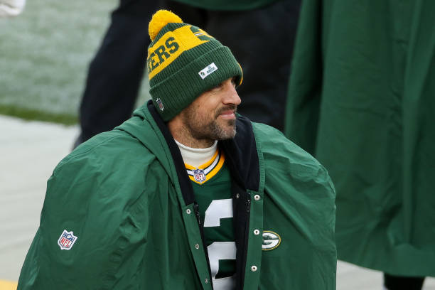 GREEN BAY, WISCONSIN - NOVEMBER 01: Aaron Rodgers #12 of the Green Bay Packers looks on from the sideline in the third quarter against the Minnesota Vikings at Lambeau Field on November 01, 2020 in Green Bay, Wisconsin. (Photo by Dylan Buell/Getty Images)