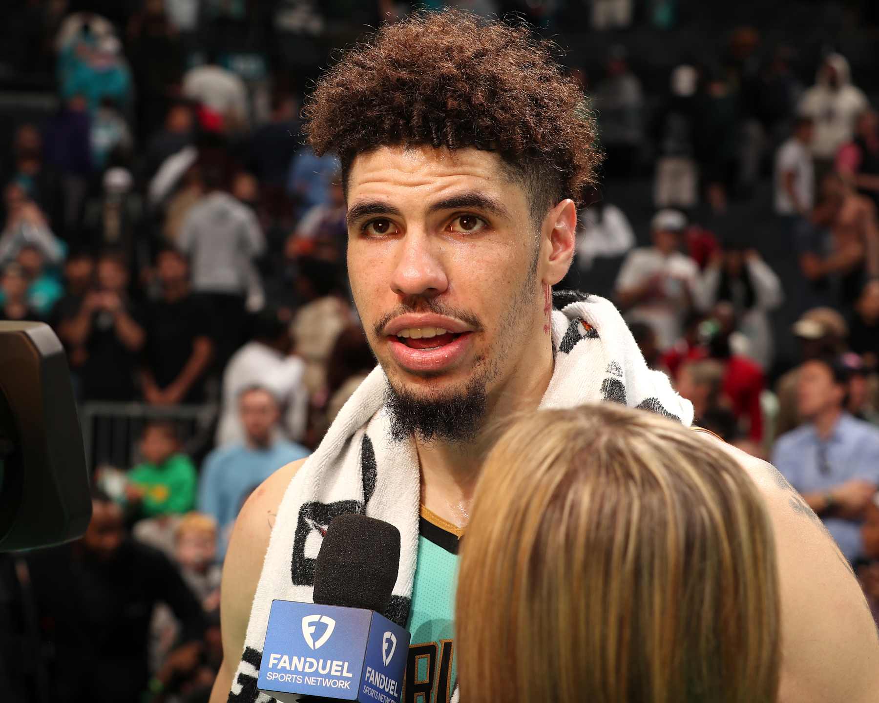 CHARLOTTE, NC - NOVEMBER 16: LaMelo Ball #1 of the Charlotte Hornets talks to the media after the game against the Milwaukee Bucks on November 16, 2024 at Spectrum Center in Charlotte, North Carolina. NOTE TO USER: User expressly acknowledges and agrees that, by downloading and or using this photograph, User is consenting to the terms and conditions of the Getty Images License Agreement. Mandatory Copyright Notice: Copyright 2024 NBAE (Photo by Kent Smith/NBAE via Getty Images)