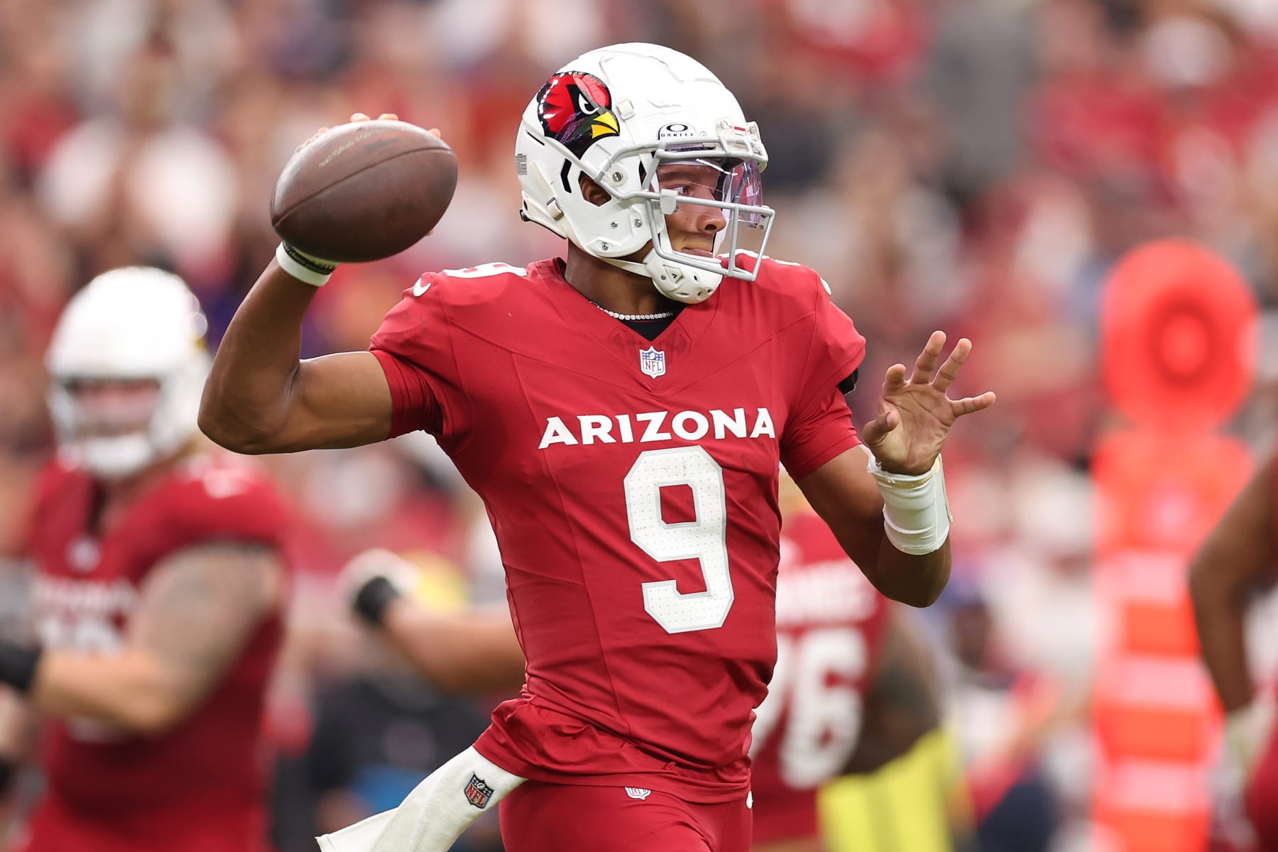 GLENDALE, ARIZONA - OCTOBER 29: Joshua Dobbs #9 of the Arizona Cardinals attempts a pass during the first quarter against the Baltimore Ravens at State Farm Stadium on October 29, 2023 in Glendale, Arizona. (Photo by Christian Petersen/Getty Images)
