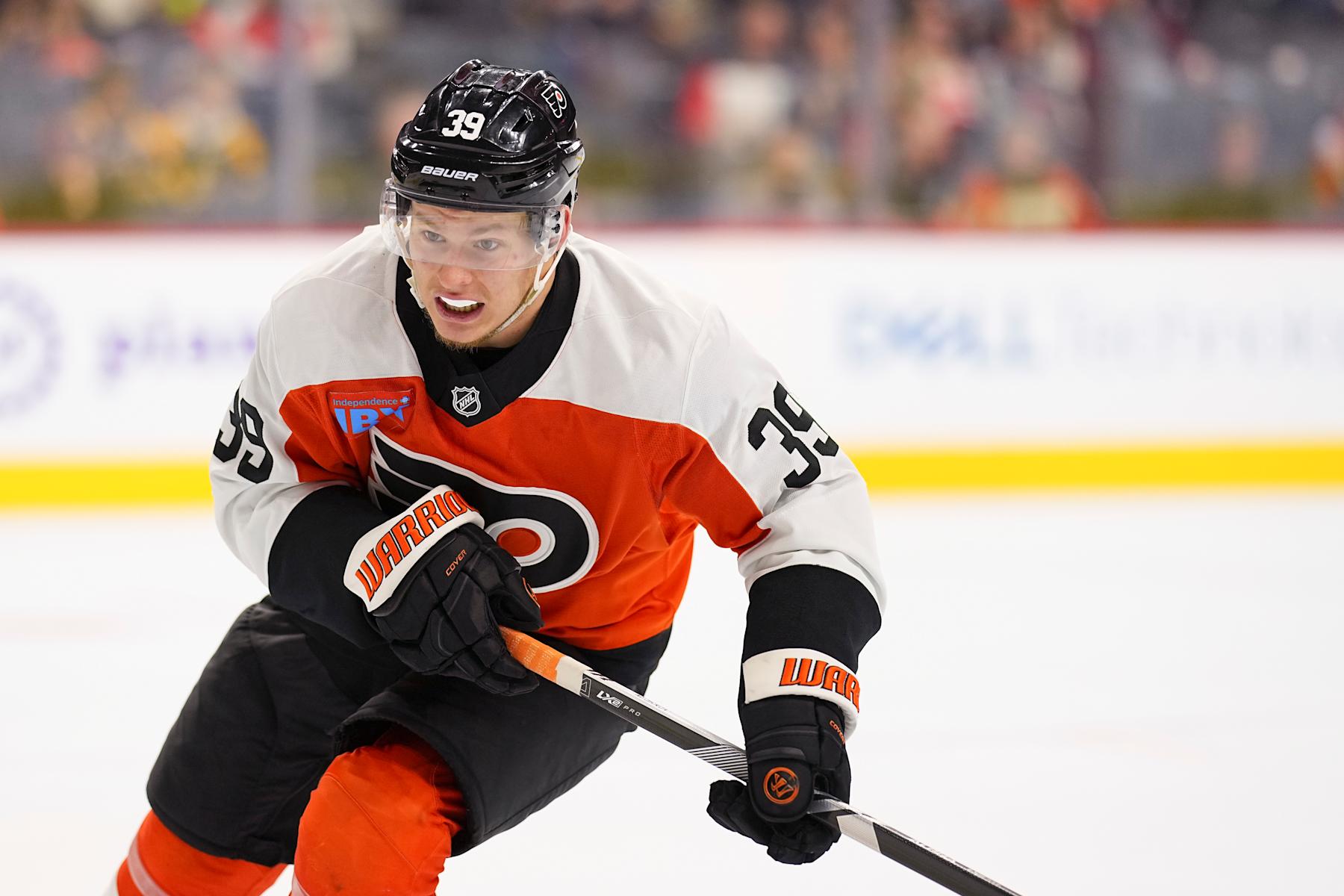 PHILADELPHIA, PENNSYLVANIA - SEPTEMBER 28: Matvei Michkov #39 of the Philadelphia Flyers skates against the Boston Bruins during the preseason game at the Wells Fargo Center on September 28, 2024 in Philadelphia, Pennsylvania. (Photo by Mitchell Leff/Getty Images)