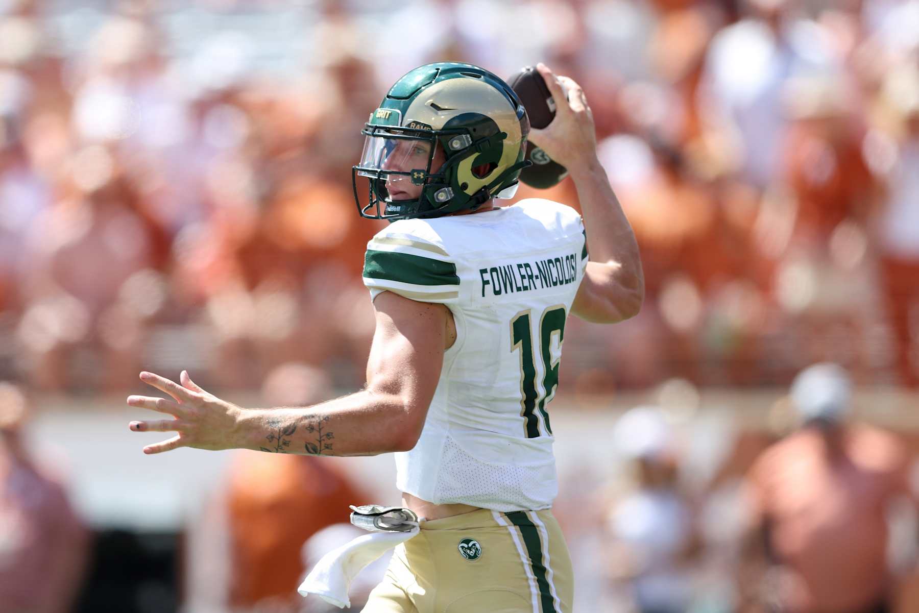 AUSTIN, TEXAS - AUGUST 31: Brayden Fowler-Nicolosi #16 of the Colorado State Rams throws a pass in the first half against the Texas Longhorns at Darrell K Royal-Texas Memorial Stadium on August 31, 2024 in Austin, Texas. (Photo by Tim Warner/Getty Images)