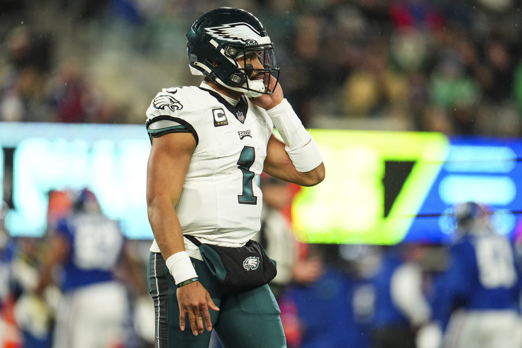 EAST RUTHERFORD, NJ - JANUARY 07: Jalen Hurts #1 of the Philadelphia Eagles looks on from the field during an NFL football game against the New York Giants at MetLife Stadium on January 7, 2024 in East Rutherford, New Jersey. (Photo by Cooper Neill/Getty Images)
