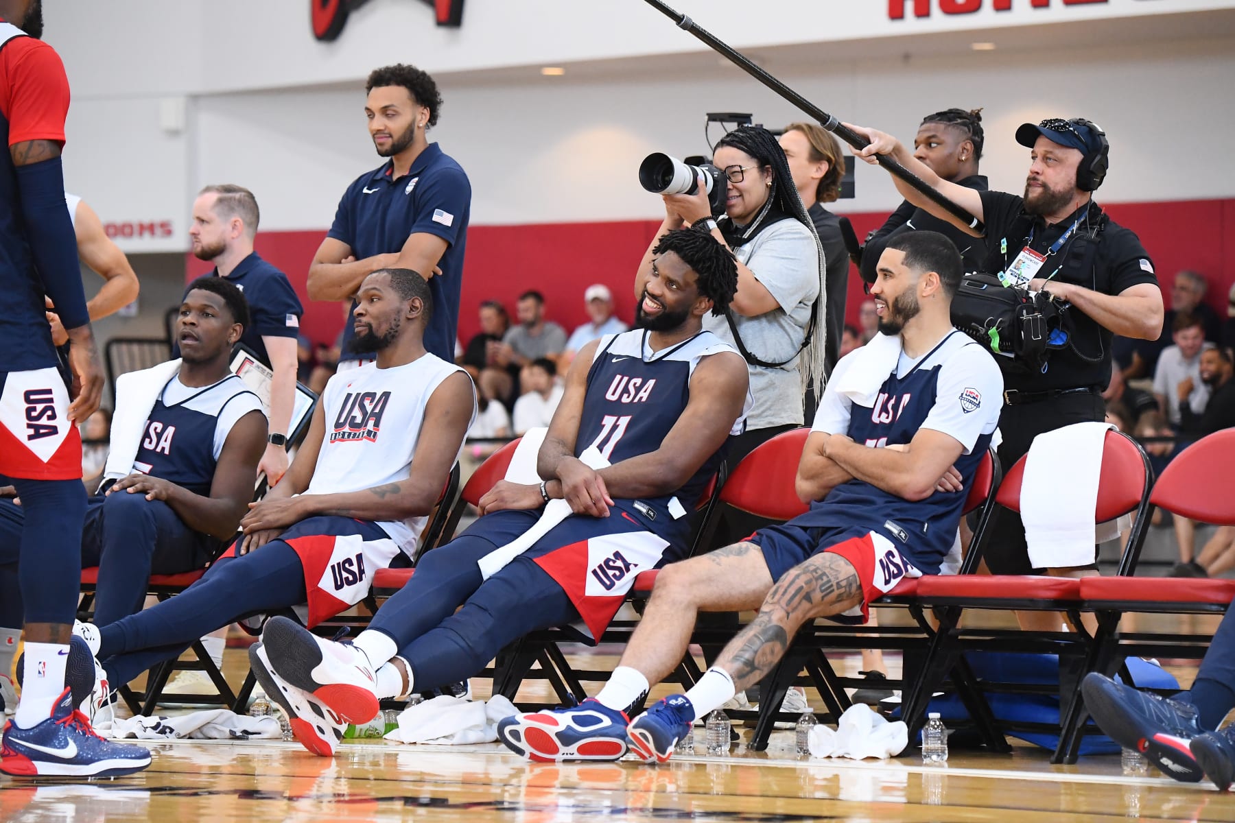 LAS VEGAS, NV - JULY 8:   Kevin Durant #7 of the USAB Mens Team Joel Embiid #11 of the USAB Mens Team and Jayson Tatum #10 of the USAB Mens Team look on during the USAB Men's Training Camp on July 8, 2024 at UNLV in Las Vegas, Nevada. NOTE TO USER: User expressly acknowledges and agrees that, by downloading and or using this photograph, User is consenting to the terms and conditions of the Getty Images License Agreement. Mandatory Copyright Notice: Copyright 2024 NBAE (Photo by Brian Babineau/NBAE via Getty Images)