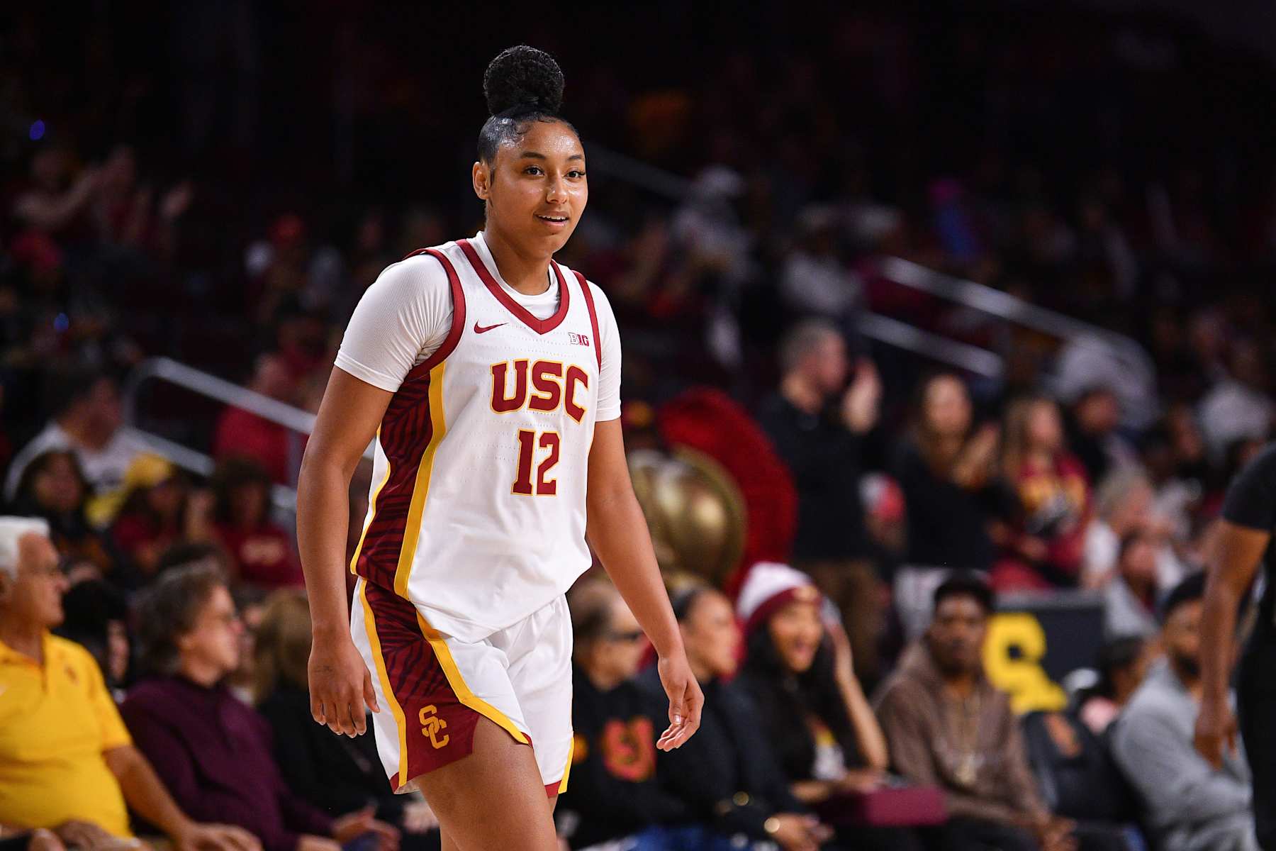 LOS ANGELES, CA - NOVEMBER 09: USC Trojans guard JuJu Watkins (12) looks on during the women's college basketball game between the Cal Poly Mustangs and the USC Trojans on November 9, 2024 at Galen Center in Los Angeles, CA. (Photo by Brian Rothmuller/Icon Sportswire via Getty Images)