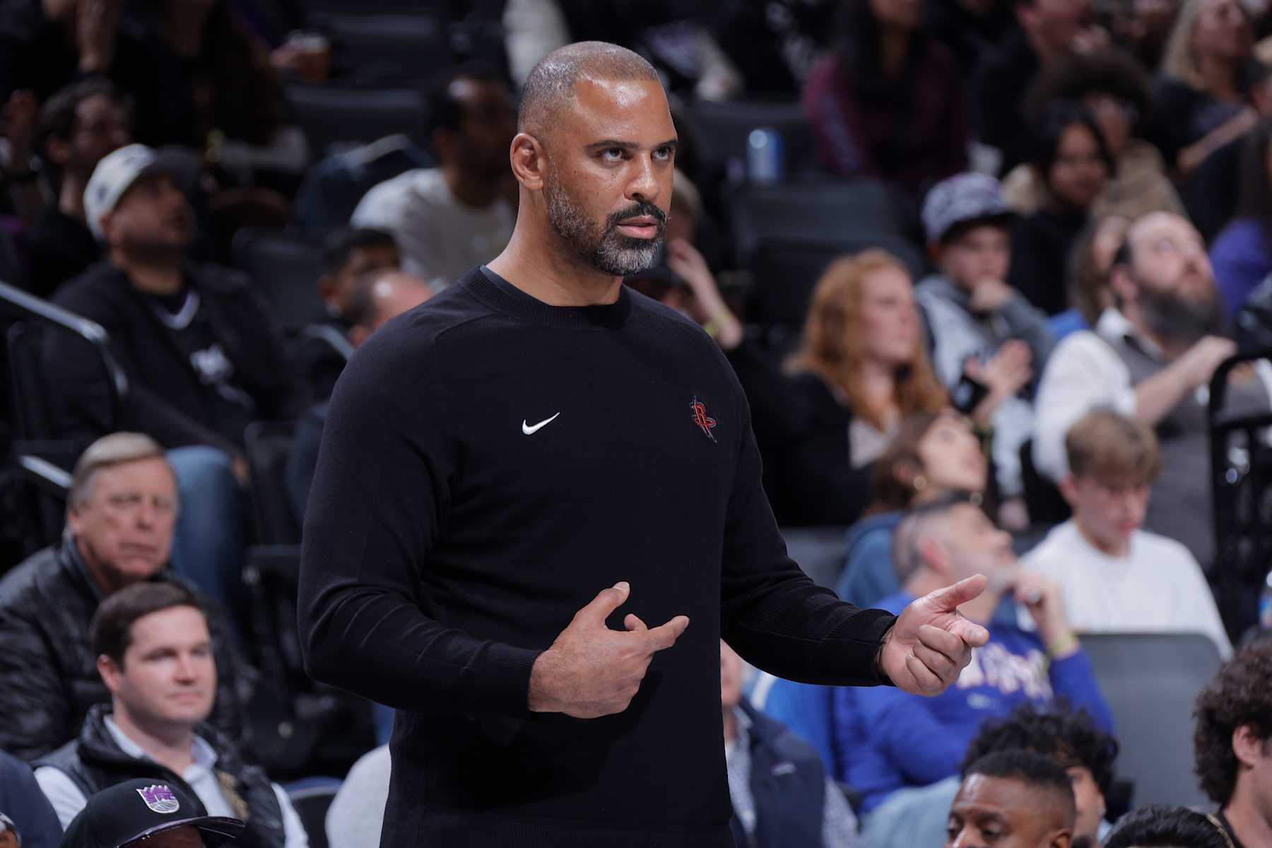SACRAMENTO, CA - DECEMBER 3:  Head Coach Ime Udoka of the Houston Rockets looks on during the game against the Sacramento Kings in the NBA Cup on December 3, 2024 at Golden 1 Center in Sacramento, California. NOTE TO USER: User expressly acknowledges and agrees that, by downloading and or using this Photograph, user is consenting to the terms and conditions of the Getty Images License Agreement. Mandatory Copyright Notice: Copyright 2024 NBAE (Photo by Rocky Widner/NBAE via Getty Images)