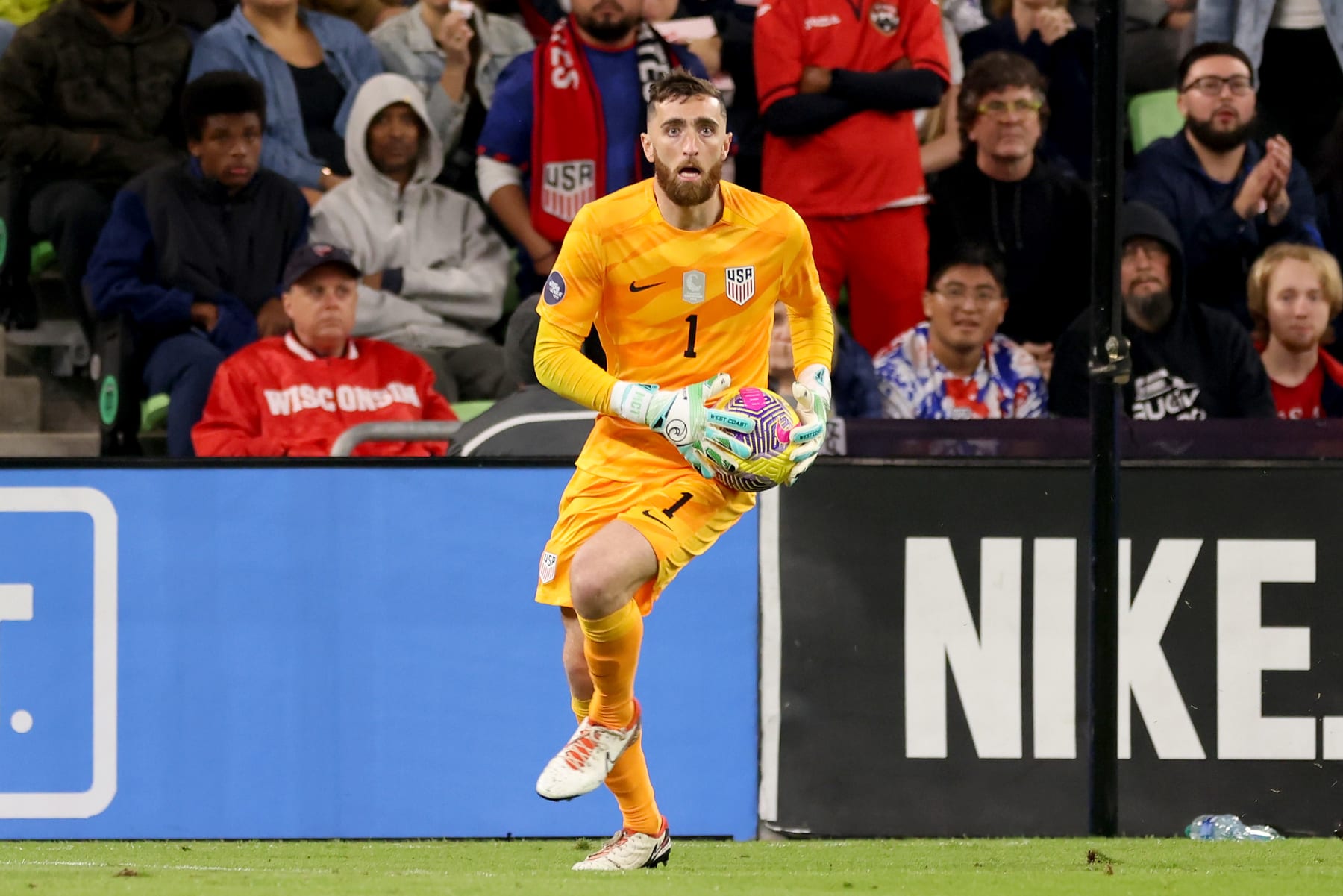 AUSTIN, TEXAS - NOVEMBER 16: Matt Turner #1 of the United States looks to distribute the ball during the second half of a Concacaf Nations League Quarterfinal Round leg 1 match against Trinidad and Tobago at Q2 Stadium on November 16, 2023 in Austin, Texas. (Photo by John Dorton/ISI Photos/USSF/Getty Images for USSF)