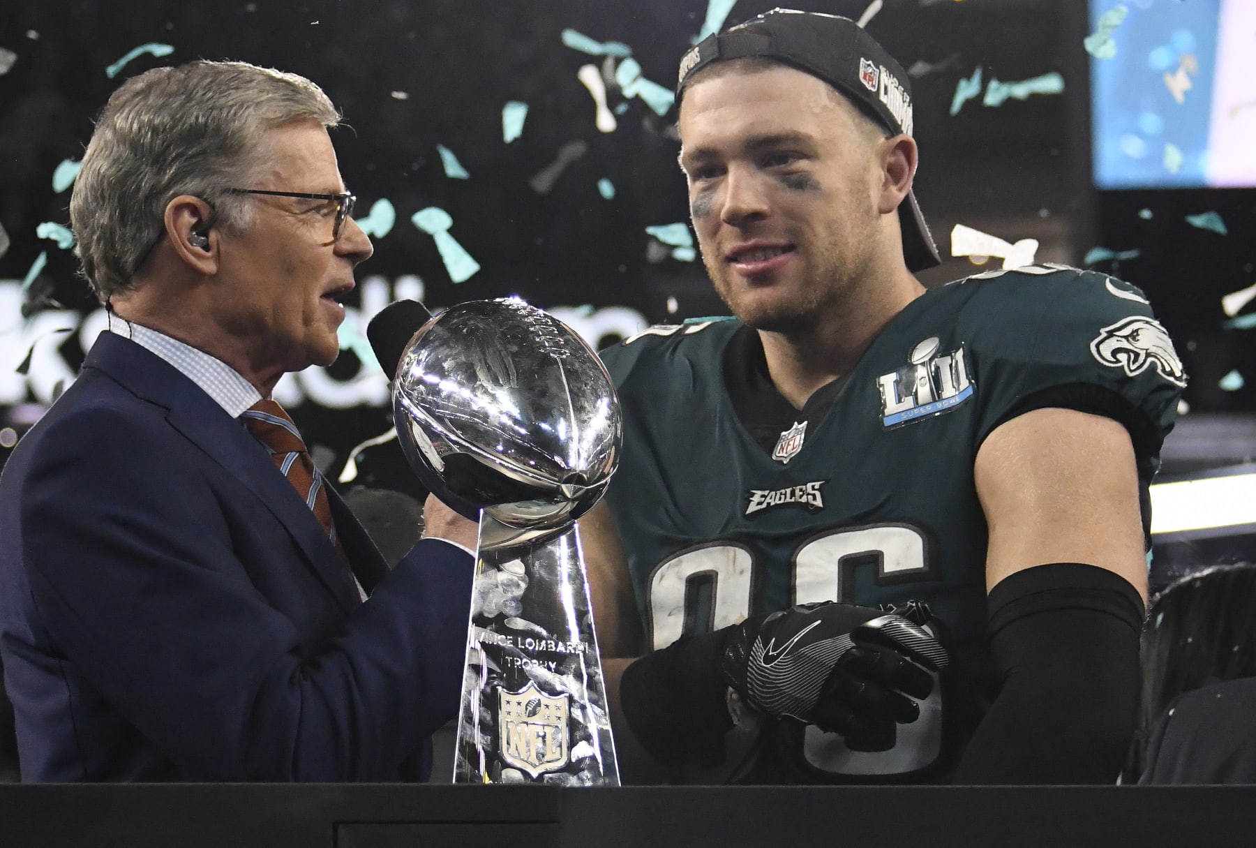 MINNEAPOLIS, MN - FEBRUARY 04: Zach Ertz #86 of the Philadelphia Eagles talks with commentator Dan Patrick after the Eagles defeated the New England Patriots in Super Bowl LII at U.S. Bank Stadium on February 4, 2018 in Minneapolis, Minnesota. The Eagles defeated the Patriots 41-33. (Photo by Focus on Sport/Getty Images) *** Local Caption *** Zach Ertz; Dan Patrick