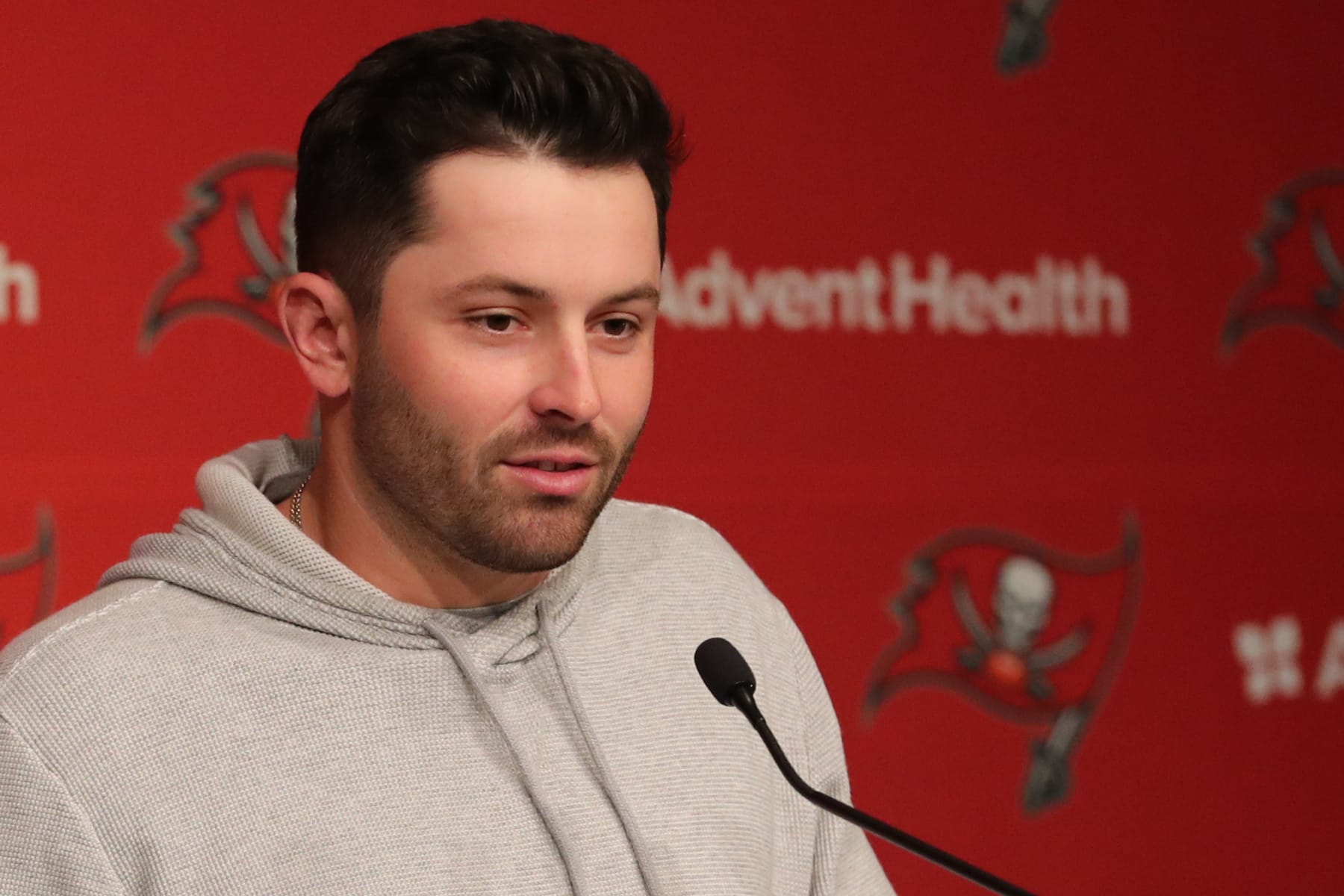 TAMPA, FL - MARCH 20: Tampa Bay Buccaneers newly signed Quarterback Baker Mayfield addresses the media on March 20, 2023 at AdventHealth Training Center in Tampa,FL. (Photo by Cliff Welch/Icon Sportswire via Getty Images) TAMPA, FL - MARCH 20: Tampa Bay Buccaneers newly signed Quarterback Baker Mayfield addresses the media on March 20, 2023 at AdventHealth Training Center in Tampa,FL. (Photo by Cliff Welch/Icon Sportswire via Getty Images)
