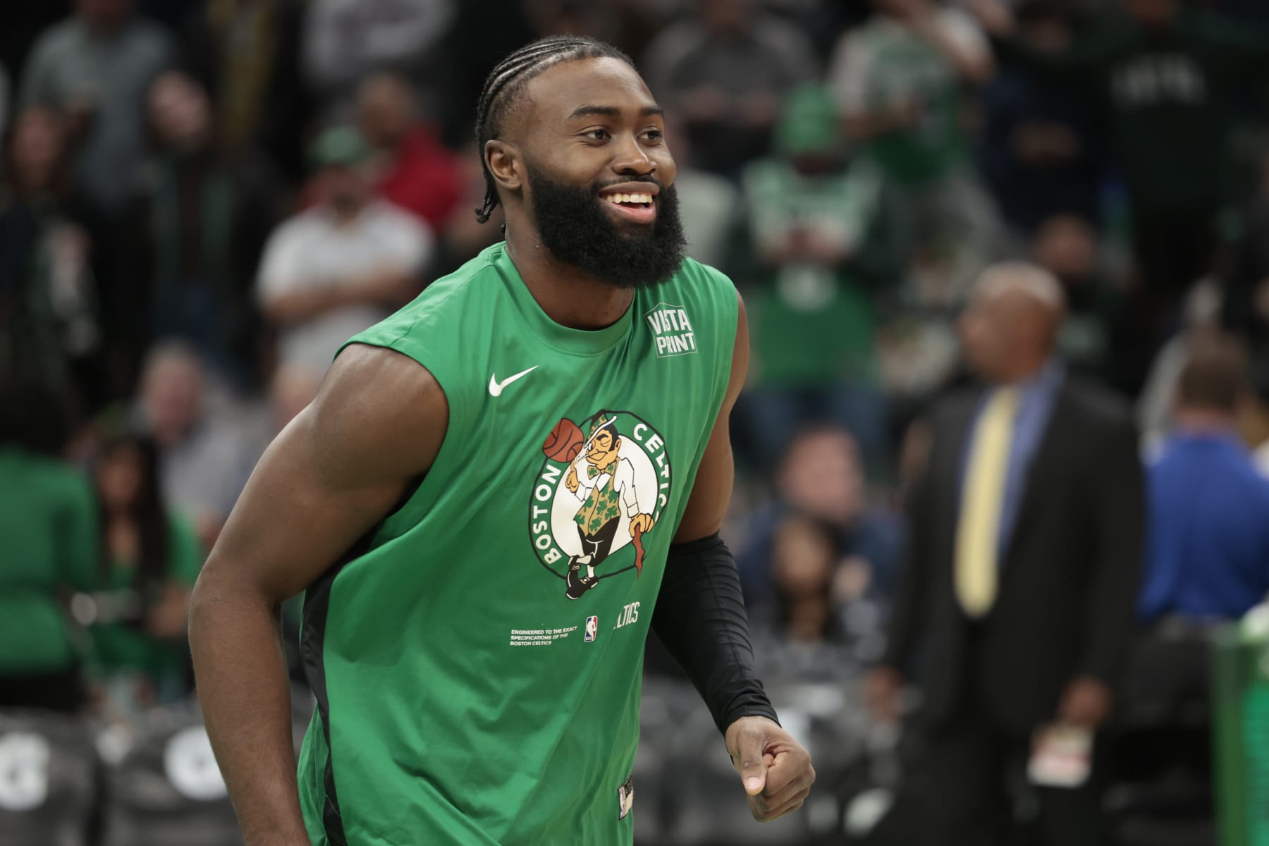 BOSTON, MASSACHUSETTS - DECEMBER 02: Jaylen Brown #7 of the Boston Celtics reacts  at TD Garden on December 02, 2022 in Boston, Massachusetts. NOTE TO USER: User expressly acknowledges and agrees that, by downloading and or using this photograph, User is consenting to the terms and conditions of the Getty Images License Agreement. (Photo by Nick Grace/Getty Images)