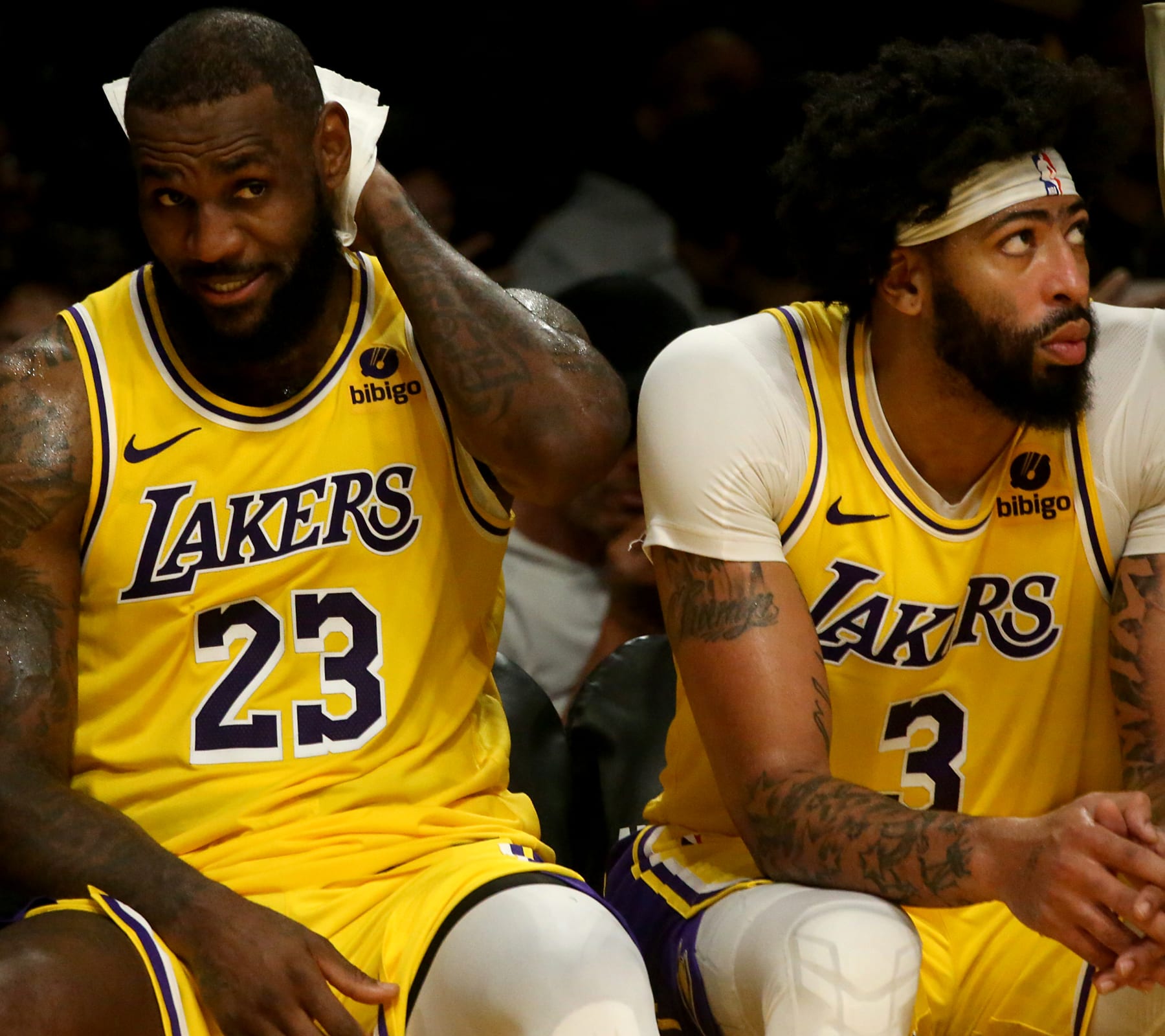 Los Angeles, CA -  Lakers stars LeBron James and Anthony Davis sit on the bench at the end of the game against the Kings at crypto.com Arena in Los Angeles on Wednesday night, Nov. 15, 2023. (Luis Sinco / Los Angeles Times via Getty Images)