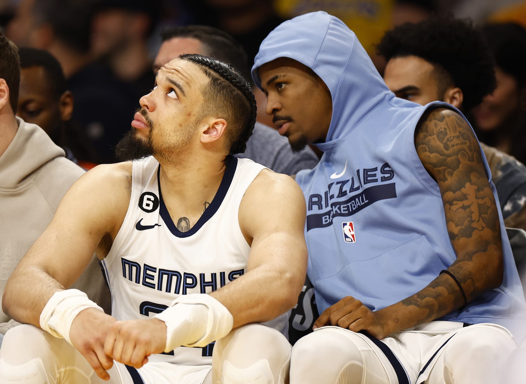 LOS ANGELES, CALIFORNIA - APRIL 28:  Dillon Brooks #24 and Ja Morant #12 of the Memphis Grizzlies on the bench against the Los Angeles Lakers in the second half in Game Six of the Western Conference First Round Playoffs at Crypto.com Arena on April 28, 2023 in Los Angeles, California.  NOTE TO USER: User expressly acknowledges and agrees that, by downloading and/or using this photograph, user is consenting to the terms and conditions of the Getty Images License Agreement. (Photo by Ronald Martinez/Getty Images)