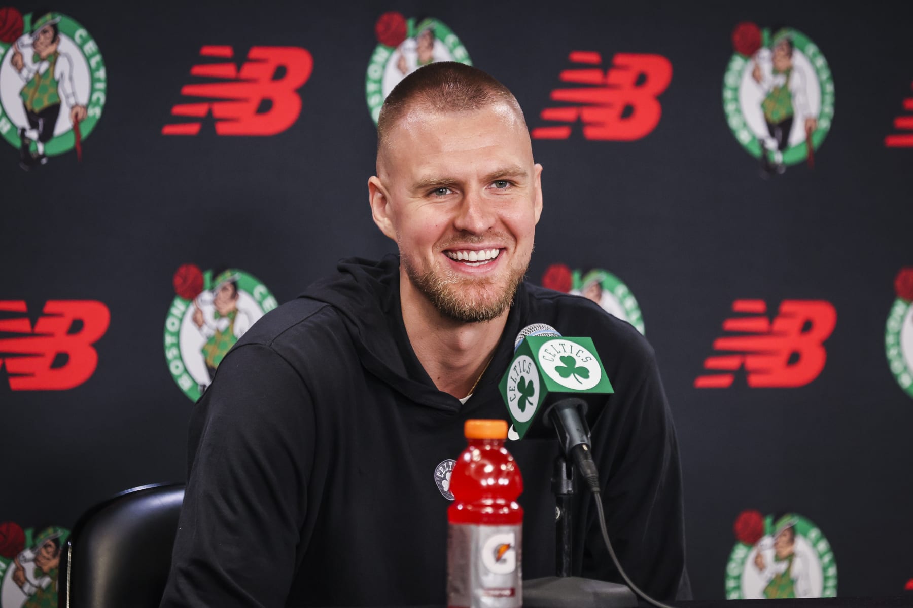 Boston, MA - June 4: Boston Celtics C Kristaps Porzingis takes questions from the media after practice at the Auerbach Center. (Photo by Erin Clark/The Boston Globe via Getty Images)