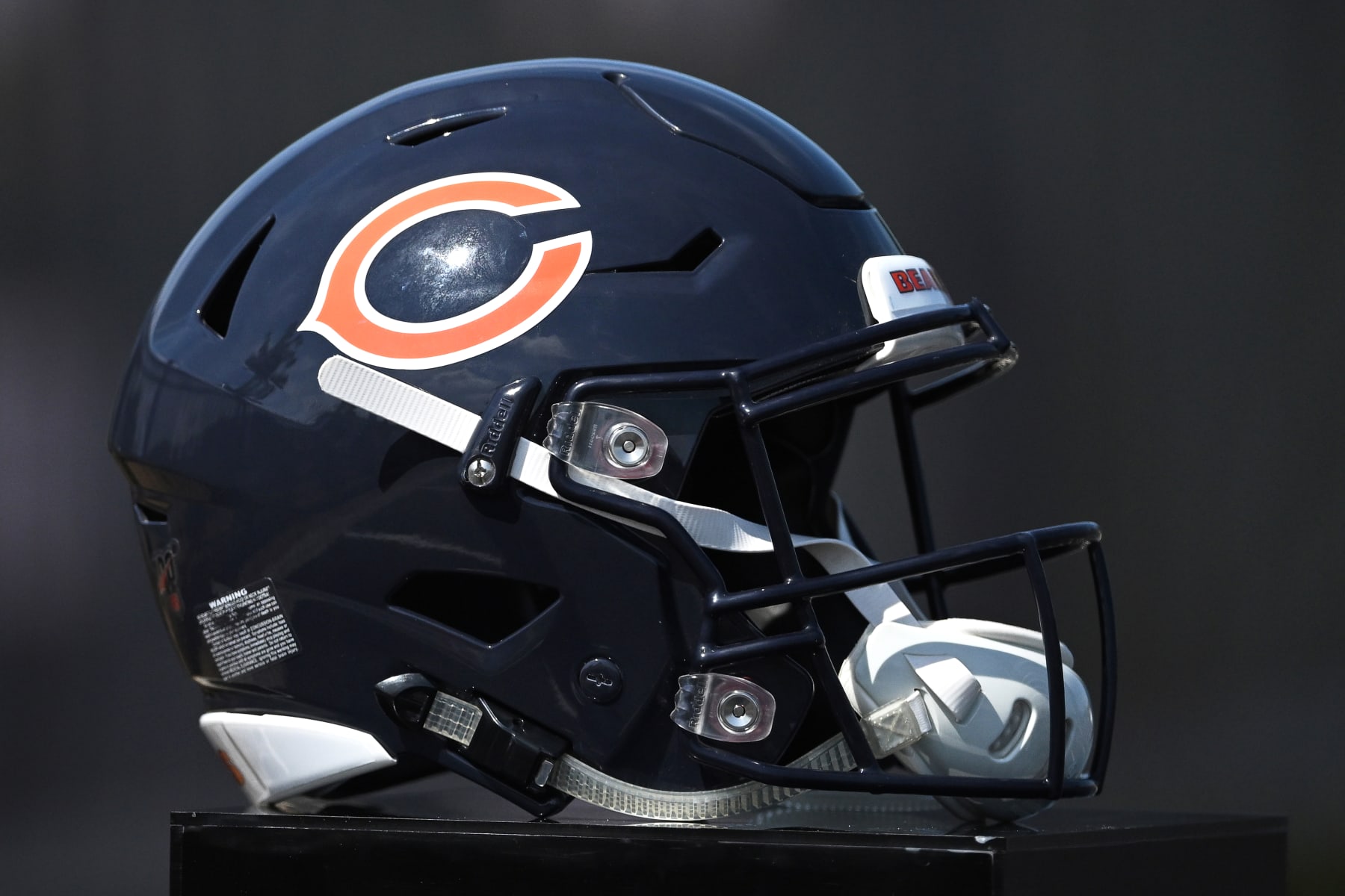 LAKE FOREST, IL - JULY 27: A detail view of a Chicago Bears helmet is seen during the Chicago Bears Training Camp on July 27, 2022 at Halas Hall in Lake Forest, IL. (Photo by Robin Alam/Icon Sportswire via Getty Images)
