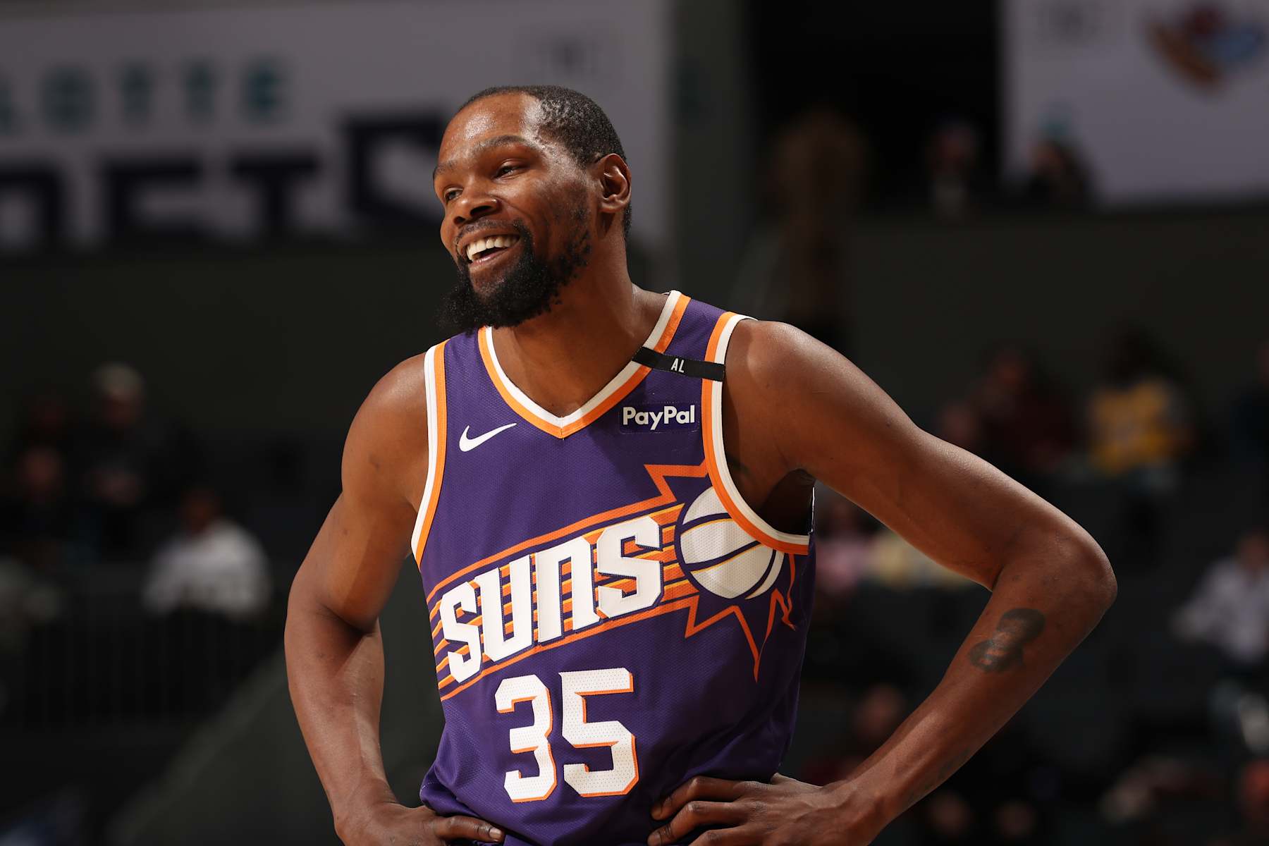 CHARLOTTE, NC - JANUARY 7: Kevin Durant #35 of the Phoenix Suns looks on during the game against the Charlotte Hornets on January 7, 2025 at Spectrum Center in Charlotte, North Carolina. NOTE TO USER: User expressly acknowledges and agrees that, by downloading and or using this photograph, User is consenting to the terms and conditions of the Getty Images License Agreement. Mandatory Copyright Notice: Copyright 2025 NBAE (Photo by Kent Smith/NBAE via Getty Images)