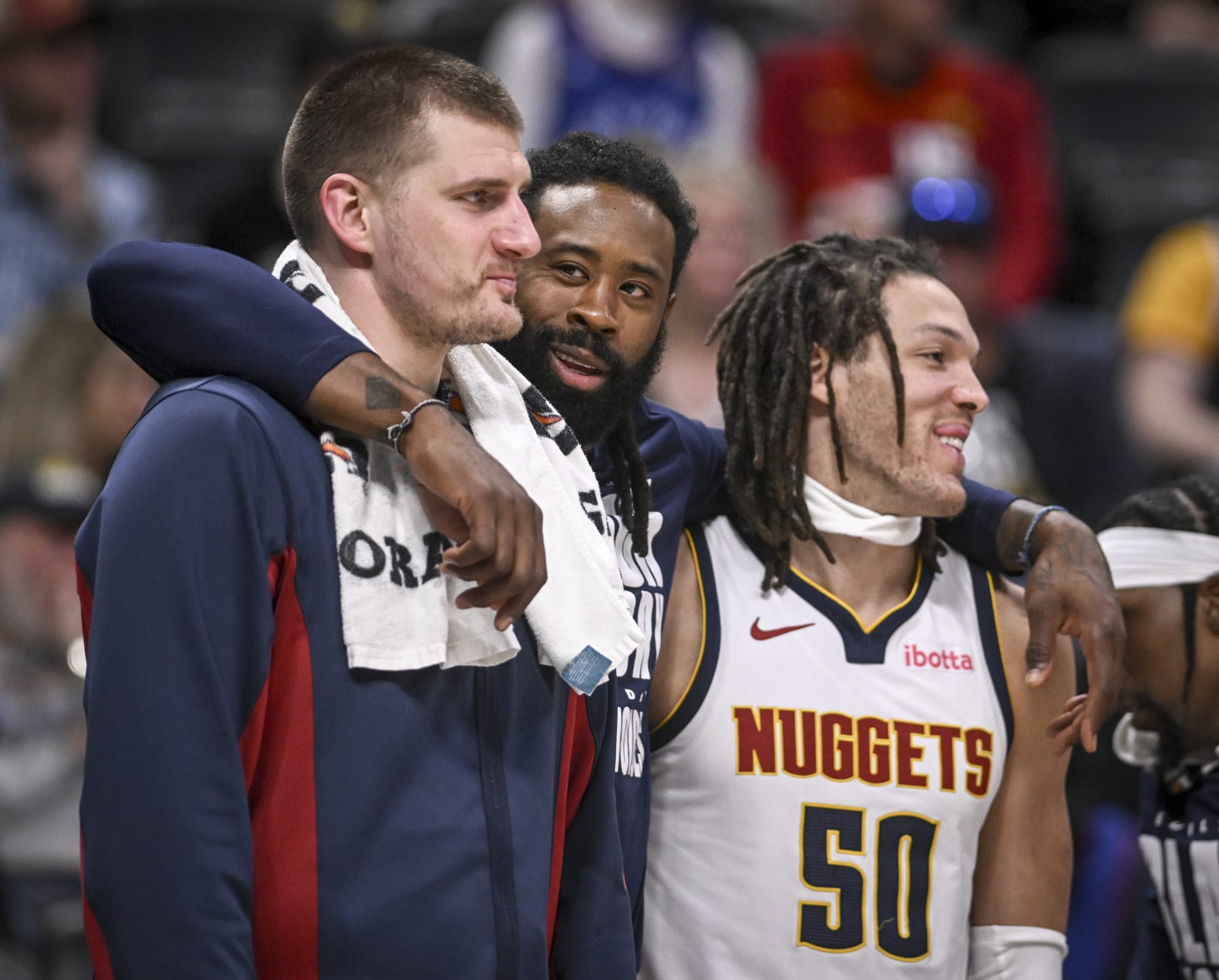 DENVER, CO - FEBRUARY 28: Nikola Jokic (15), DeAndre Jordan (6) and Aaron Gordon (50) of the Denver Nuggets stand near the bench during the fourth quarter of the Nuggets' 117-96 win over the Sacramento Kings at Ball Arena on Wednesday, February 28, 2024. (Photo by AAron Ontiveroz/The Denver Post)