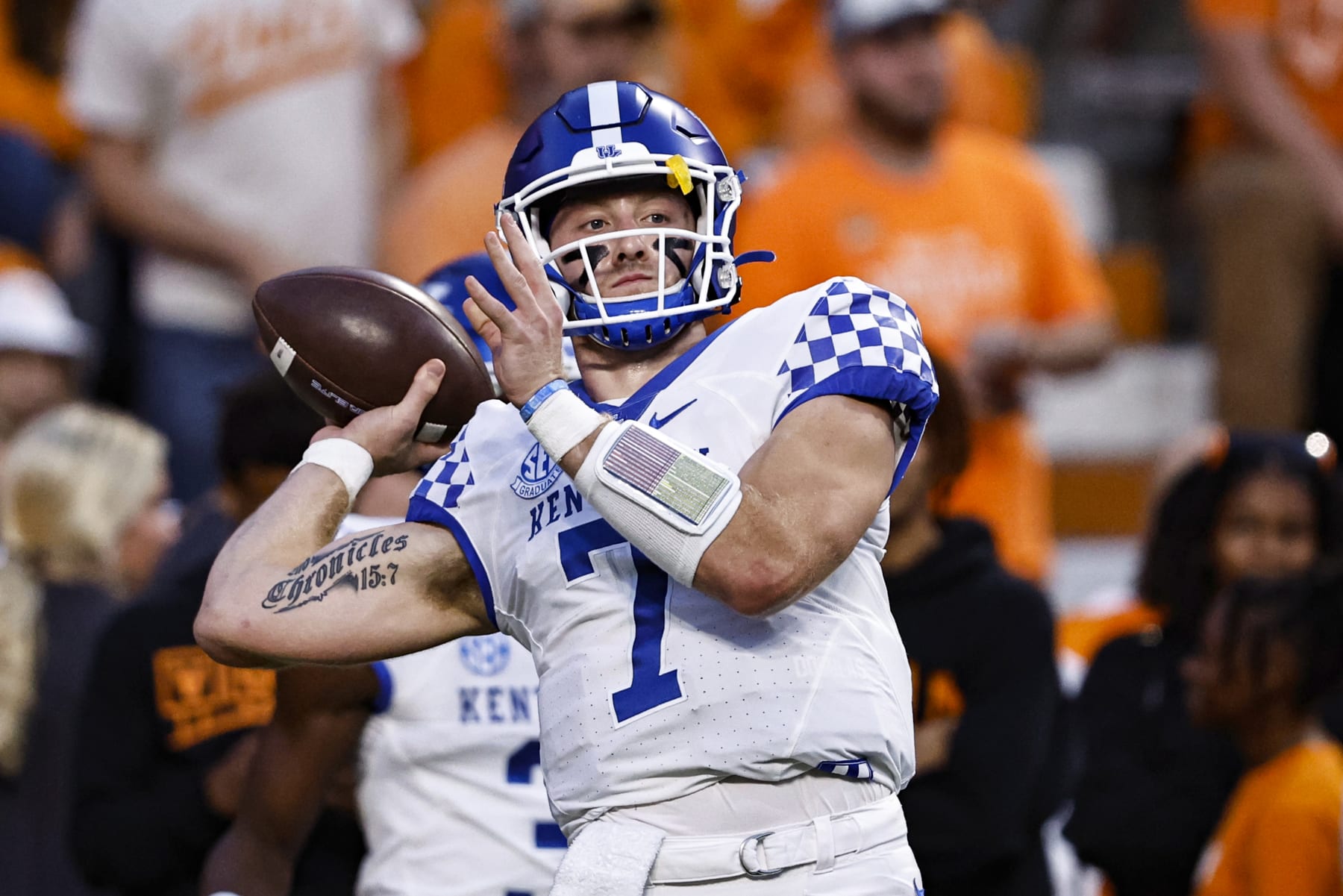 Kentucky quarterback Will Levis (7) throws to a receiver during warmups before an NCAA college football game against Tennessee Saturday, Oct. 29, 2022, in Knoxville, Tenn. (AP Photo/Wade Payne)