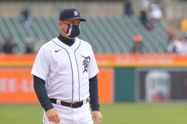 DETROIT, MI - APRIL 01:  Manager A.J. Hinch #14 of the Detroit Tigers looks on during player introductions prior to the Opening Day game against the Cleveland Indians at Comerica Park on April 1, 2021 in Detroit, Michigan. The Tigers defeated the Indians 3-2.  (Photo by Mark Cunningham/MLB Photos via Getty Images)