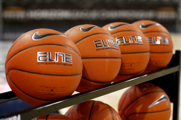 INDIANAPOLIS, IN - MARCH 10: Nike Elite basketballs sit on a rack prior to the 2020 Horizon League Mens Basketball Championships championship game between the Northern Kentucky Norse and the UIC Flames on March 10, 2020 at Indiana Farmers Coliseum in Indianapolis, IN.(Photo by Jeffrey Brown/Icon Sportswire via Getty Images)