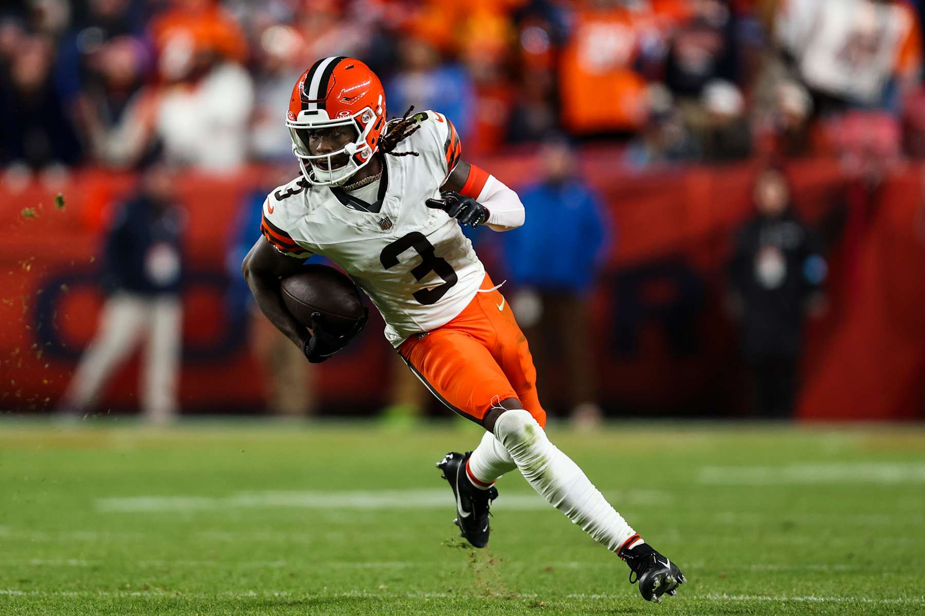 DENVER, COLORADO - DECEMBER 02: Jerry Jeudy #3 of the Cleveland Browns runs the ball during an NFL football game against the Denver Broncos at Empower Field at Mile High on December 2, 2024 in Denver, Colorado (Photo by Perry Knotts/Getty Images)