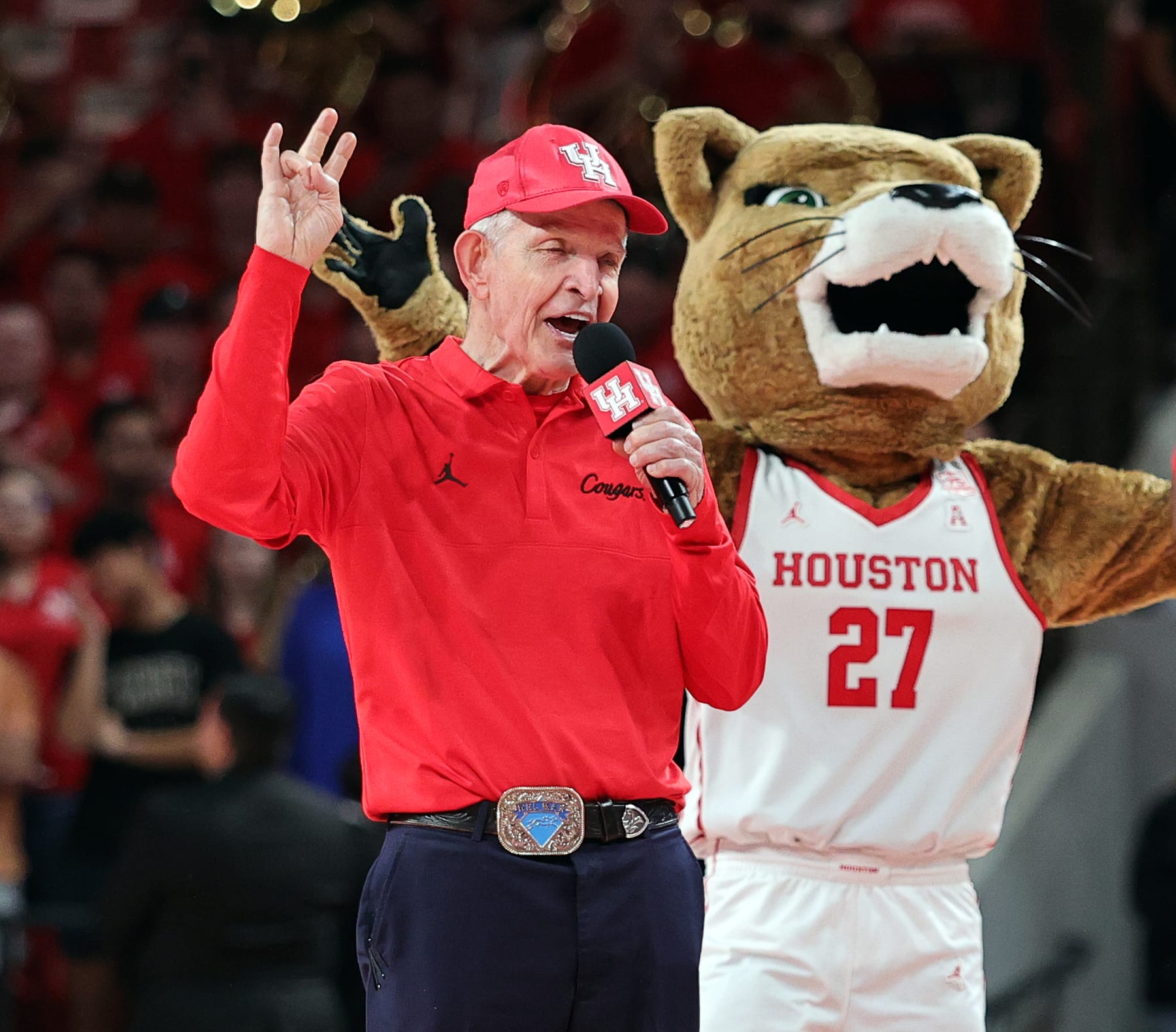 HOUSTON, TEXAS - NOVEMBER 29: Jim "Mattress Mack" McIngvale hypes the crowd as the Norfolk State Spartans play the Houston Cougars at Fertitta Center on November 29, 2022 in Houston, Texas. (Photo by Bob Levey/Getty Images)