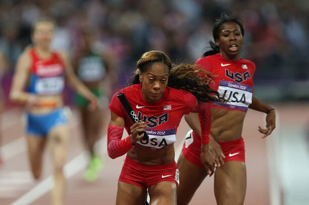 LONDON, ENGLAND - AUGUST 11: Sanya Richards-Ross of USA takes off on the final leg to anchor the USA 4x400m Women's relay team to victory during the 2012 London Olympics at The Olympic Stadium on August 11, 2012 in London, England. (Photo by Ian MacNicol/Getty Images)