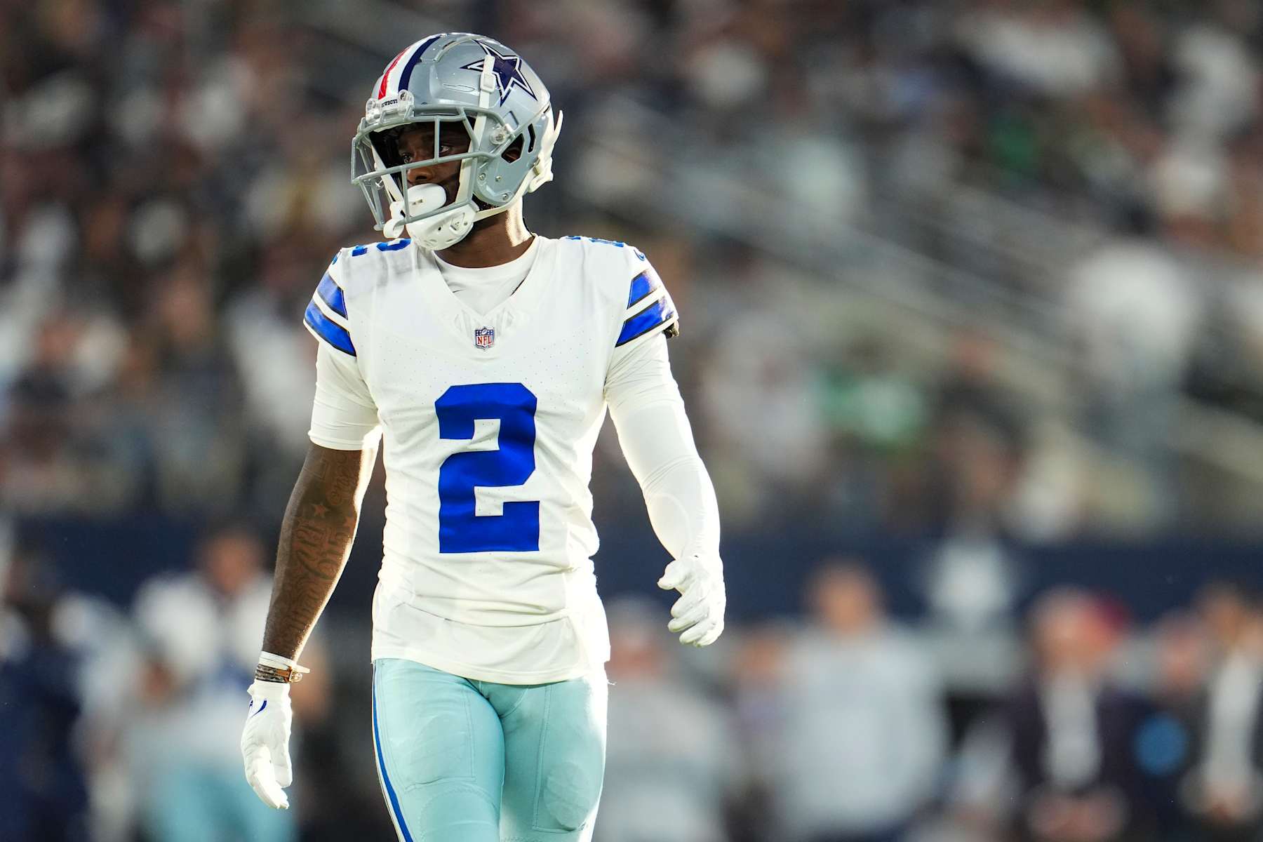 ARLINGTON, TX - NOVEMBER 10: Jourdan Lewis #2 of the Dallas Cowboys looks on from the field during an NFL football game against the Philadelphia Eagles at AT&T Stadium on November 10, 2024 in Arlington, Texas. (Photo by Cooper Neill/Getty Images)