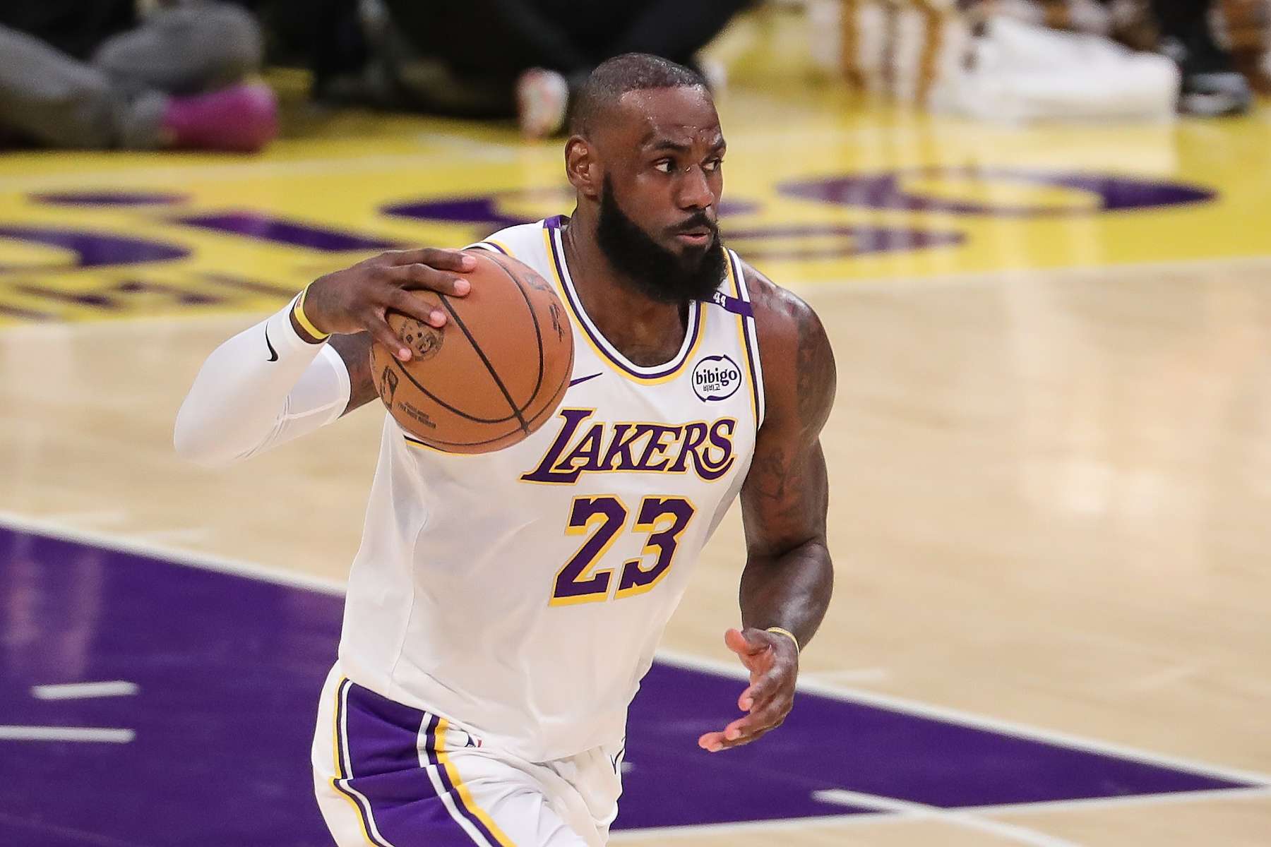 LOS ANGELES, CA - DECEMBER 15: Los Angeles Lakers forward LeBron James (23) comes down the court during the Memphis Grizzlies vs Los Angeles Lakers game on December 15, 2024, at Crypto.com Arena in Los Angeles, CA. (Photo by Jevone Moore/Icon Sportswire via Getty Images)