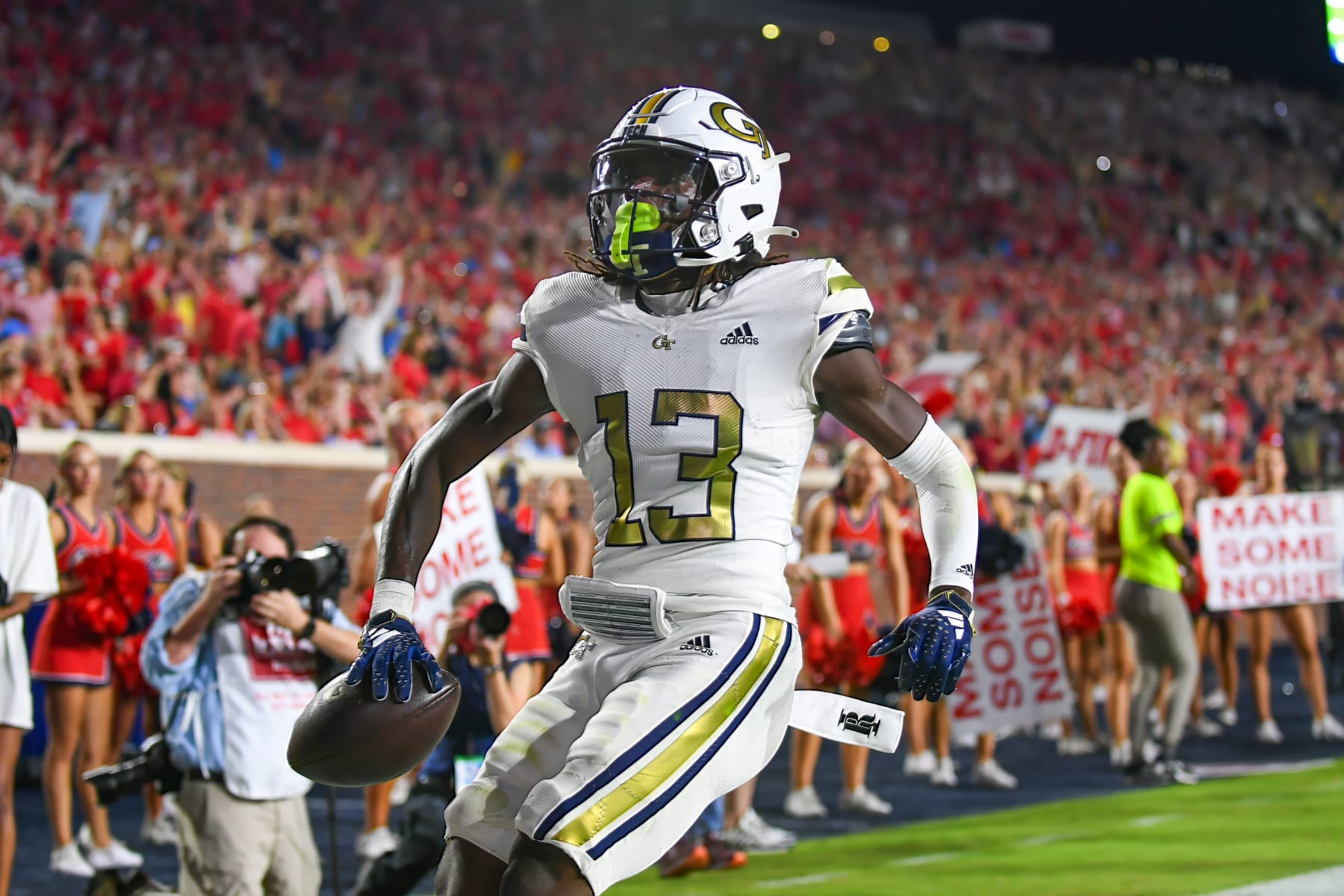 OXFORD, MS - SEPTEMBER 16: Georgia Tech wide receiver Eric Singleton Jr. (13) celebrates after scoring, during the college football game between the Georgia Tech Yellow Jackets and the Ole' Miss Rebels on September 16, 2023 at Vaught Hemingway Stadium in Oxford, MS. (Photo by Kevin Langley/Icon Sportswire via Getty Images)