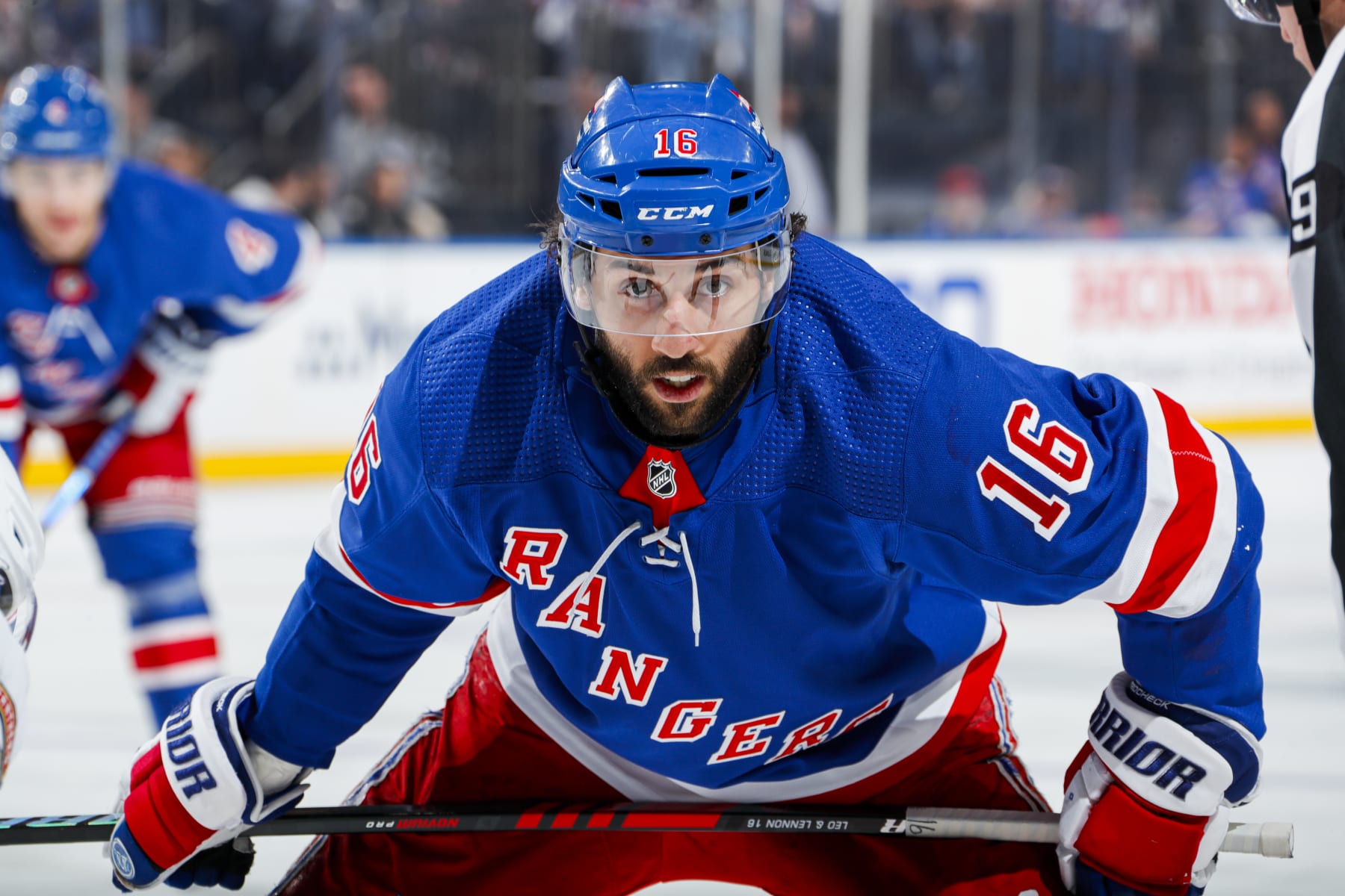 NEW YORK, NEW YORK - MAY 22: Vincent Trocheck #16 of the New York Rangers watches the puck during a face off in the first period against the Florida Panthers in Game One of the Eastern Conference Final of the 2024 Stanley Cup Playoffs at Madison Square Garden on May 22, 2024 in New York City. (Photo by Jared Silber/NHLI via Getty Images)