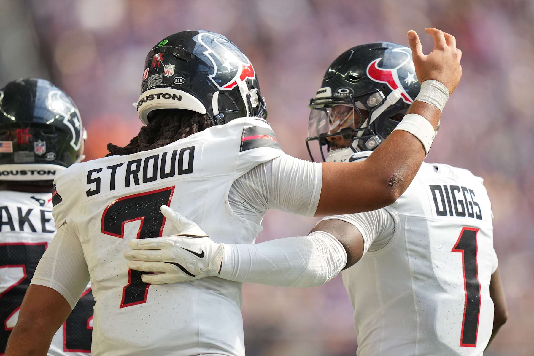 MINNEAPOLIS, MINNESOTA - SEPTEMBER 22: Quarterback C.J. Stroud #7 of the Houston Texans celebrates after his touchdown pass against the Minnesota Vikings with Stefon Diggs #1 during the third quarter at U.S. Bank Stadium on September 22, 2024 in Minneapolis, Minnesota. (Photo by Brace Hemmelgarn/Getty Images)