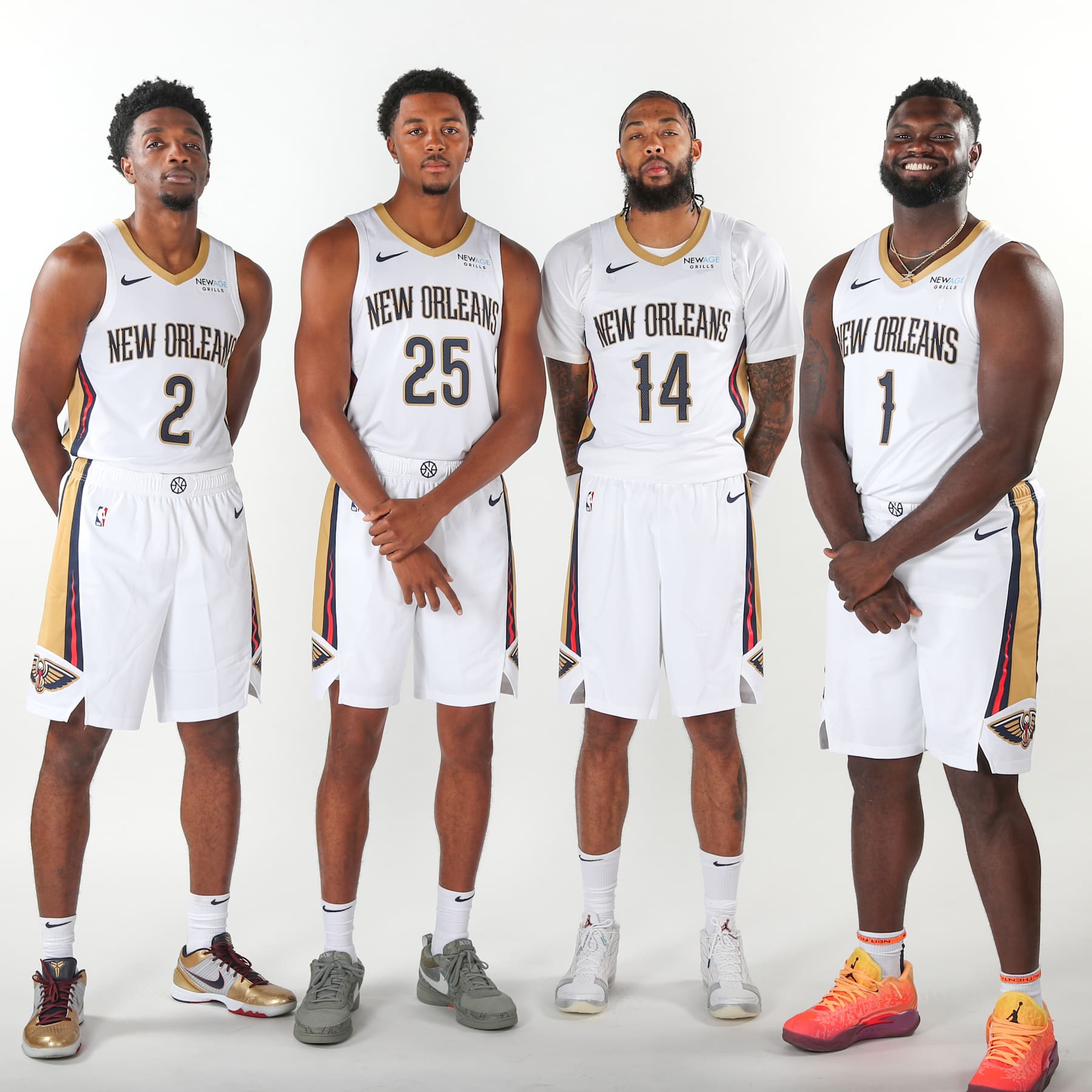 NEW ORLEANS, LA - SEPTEMBER 30: Herbert Jones #2, Trey Murphy III #25, Brandon Ingram #14, and Zion Williamson of the New Orleans Pelicans poses for a portrait during 2024-25 media day on September 30.2024 in New Orleans, Louisiana at the Smoothie King Center. NOTE TO USER: User expressly acknowledges and agrees that, by downloading and or using this Photograph, user is consenting to the terms and conditions of the Getty Images License Agreement. Mandatory Copyright Notice: Copyright 2024 NBAE (Photo by Layne Murdoch Jr./NBAE via Getty Images)