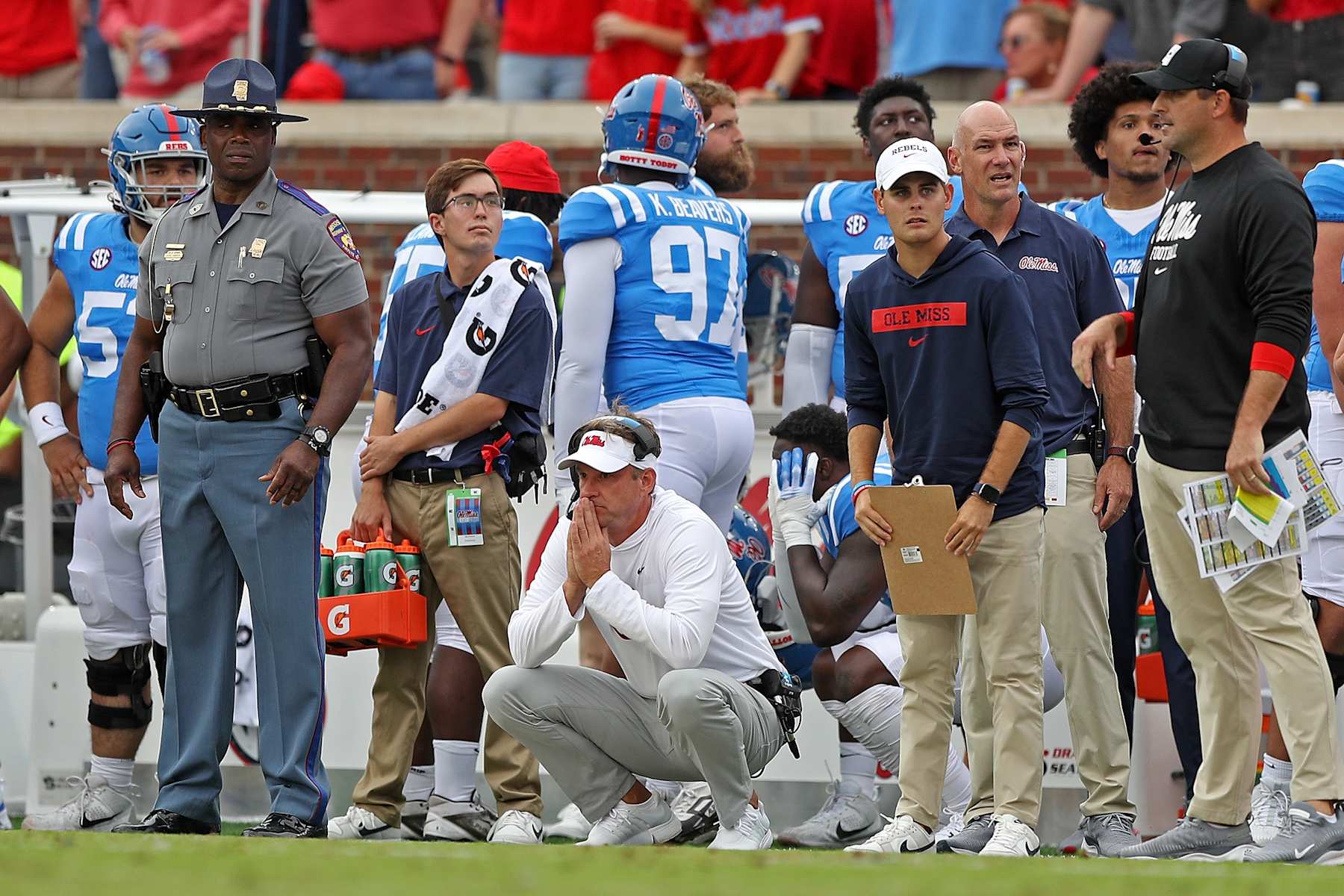 Head coach Lane Kiffin of the Mississippi Rebels