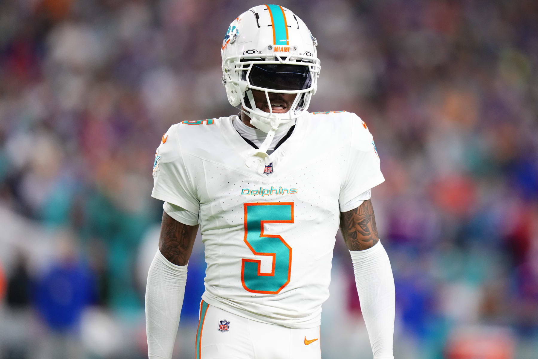 MIAMI GARDENS, FLORIDA - JANUARY 07: Jalen Ramsey #5 of the Miami Dolphins looks on against the Buffalo Bills /d1h at Hard Rock Stadium on January 07, 2024 in Miami Gardens, Florida. (Photo by Rich Storry/Getty Images)