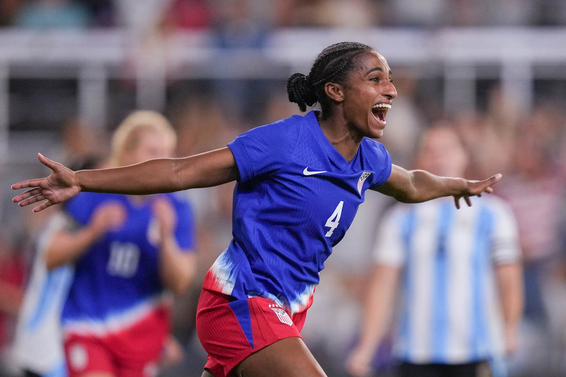 LOUISVILLE, KENTUCKY - OCTOBER 30: Naomi Girma #4 of the United States celebrates scoring during the second half against Argentina at Lynn Family Stadium on October 30, 2024 in Louisville, Kentucky. (Photo by Brad Smith/ISI Photos/USSF/Getty Images for USSF)