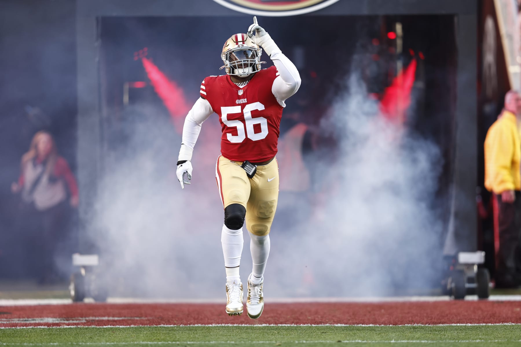 SANTA CLARA, CALIFORNIA - JANUARY 22: Samson Ebukam #56 of the San Francisco 49ers reacts as he takes the field prior to an NFL divisional round playoff football game between the San Francisco 49ers and the Dallas Cowboys at Levi's Stadium on January 22, 2023 in Santa Clara, California. (Photo by Michael Owens/Getty Images)