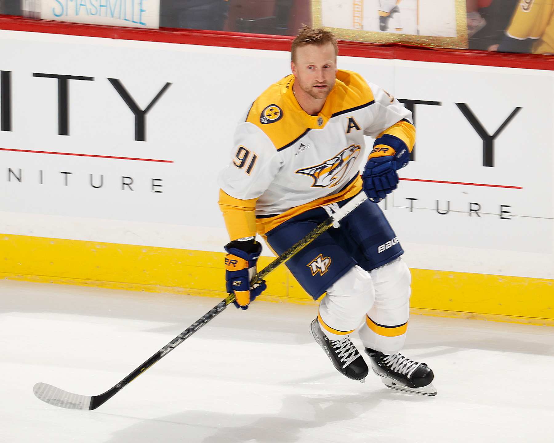 SUNRISE, FL - SEPTEMBER 22: Steven Stamkos #91 of the Nashville Predators skates prior to a preseason game against the Florida Panthers at the Amerant Bank Arena on September 22, 2024 in Sunrise, Florida. (Photo by Joel Auerbach/Getty Images)