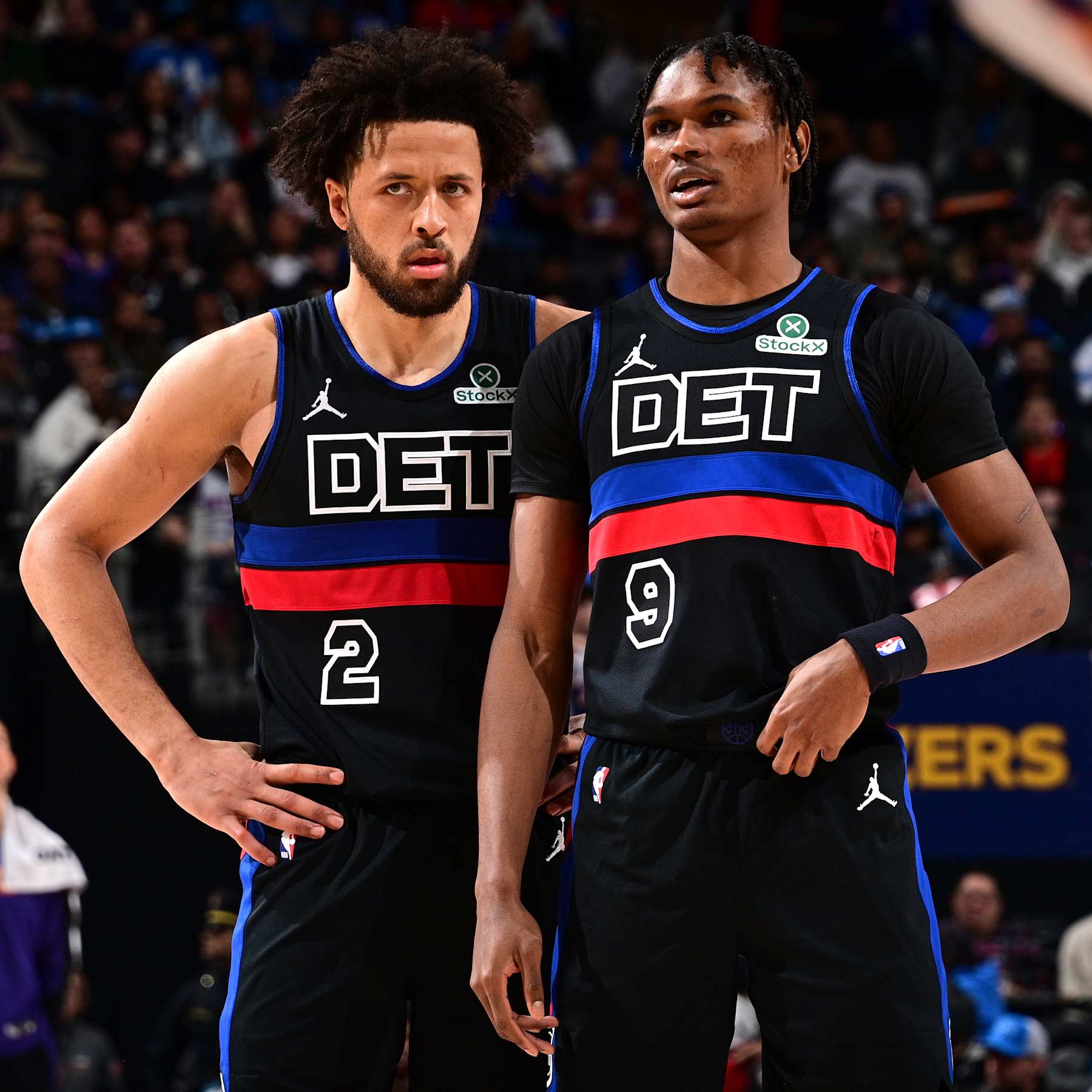 DETROIT, MI - JANUARY 18: Cade Cunningham #2 and Ausar Thompson #9 of the Detroit Pistons look on during the game against the Phoenix Suns on January 18, 2025 at Little Caesars Arena in Detroit, Michigan. NOTE TO USER: User expressly acknowledges and agrees that, by downloading and/or using this photograph, User is consenting to the terms and conditions of the Getty Images License Agreement. Mandatory Copyright Notice: Copyright 2025 NBAE (Photo by Chris Schwegler/NBAE via Getty Images)