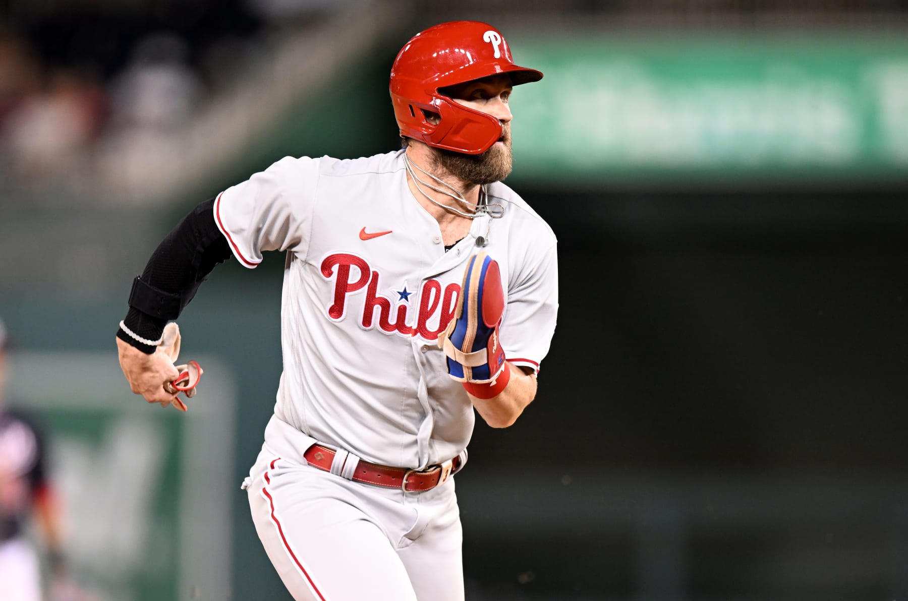 WASHINGTON, DC - JUNE 17: Bryce Harper #3 of the Philadelphia Phillies runs the bases against the Washington Nationals during game two of a doubleheader at Nationals Park on June 17, 2022 in Washington, DC.  (Photo by G Fiume/Getty Images)