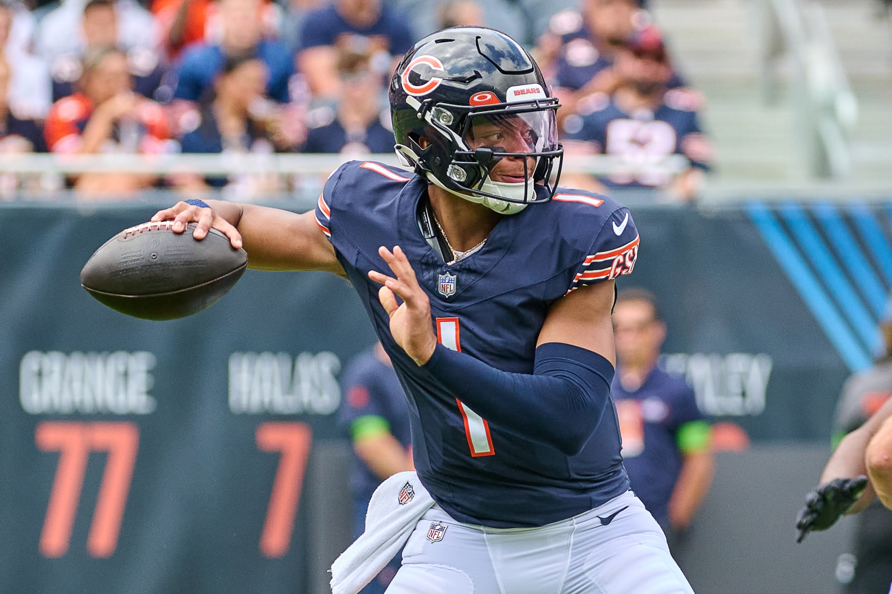 CHICAGO, IL - AUGUST 26: Chicago Bears quarterback Justin Fields (1) throws the football in action during a preseason game between the Buffalo Bills and the Chicago Bears on August 26, 2023, at Soldier Field in Chicago, IL. (Photo by Robin Alam/Icon Sportswire via Getty Images)