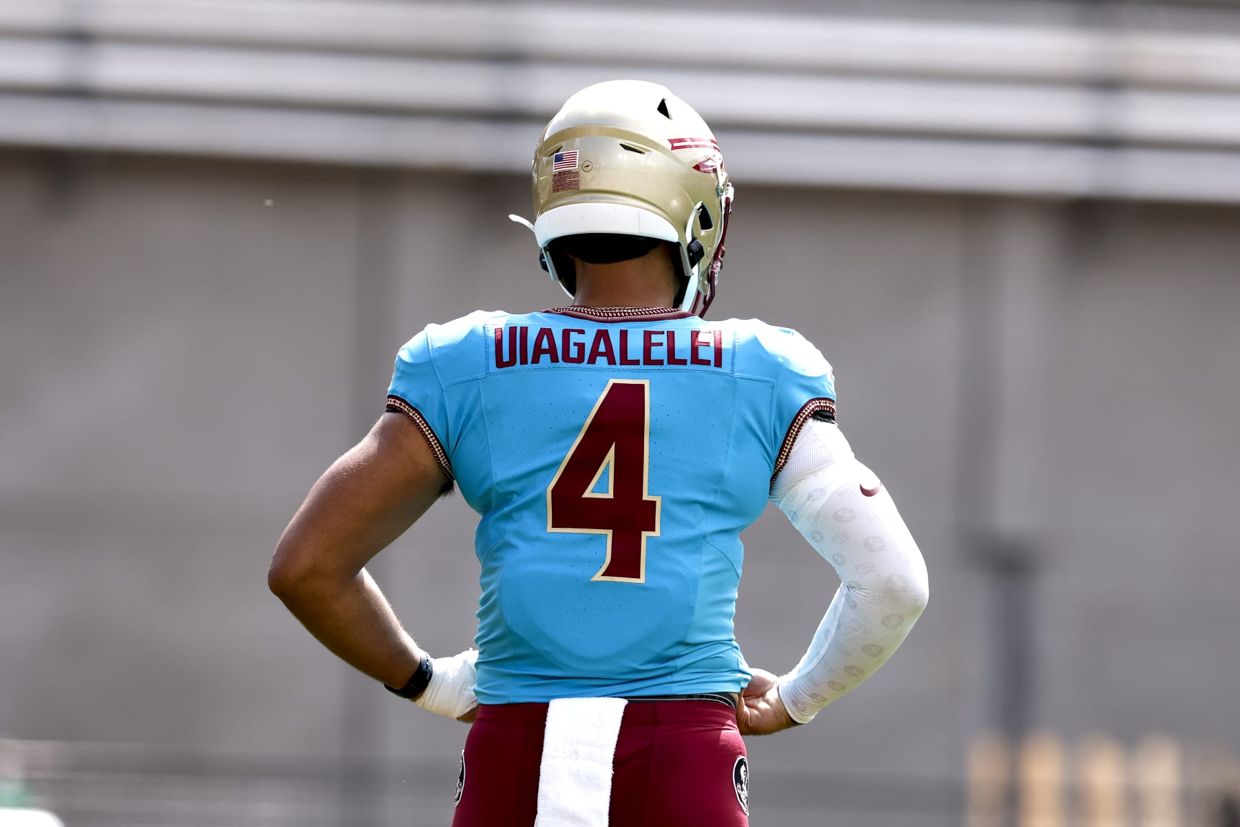 TALLAHASSEE, FL - APRIL 20: A backview of Quarterback DJ Uiagalelei #4 of the Florida State Seminoles name plate on the back of his jersey during Garnet and Gold Spring Showcase Game inside of Doak Campbell Stadium on April 20, 2024 in Tallahassee, Florida. (Photo by Don Juan Moore/Getty Images)