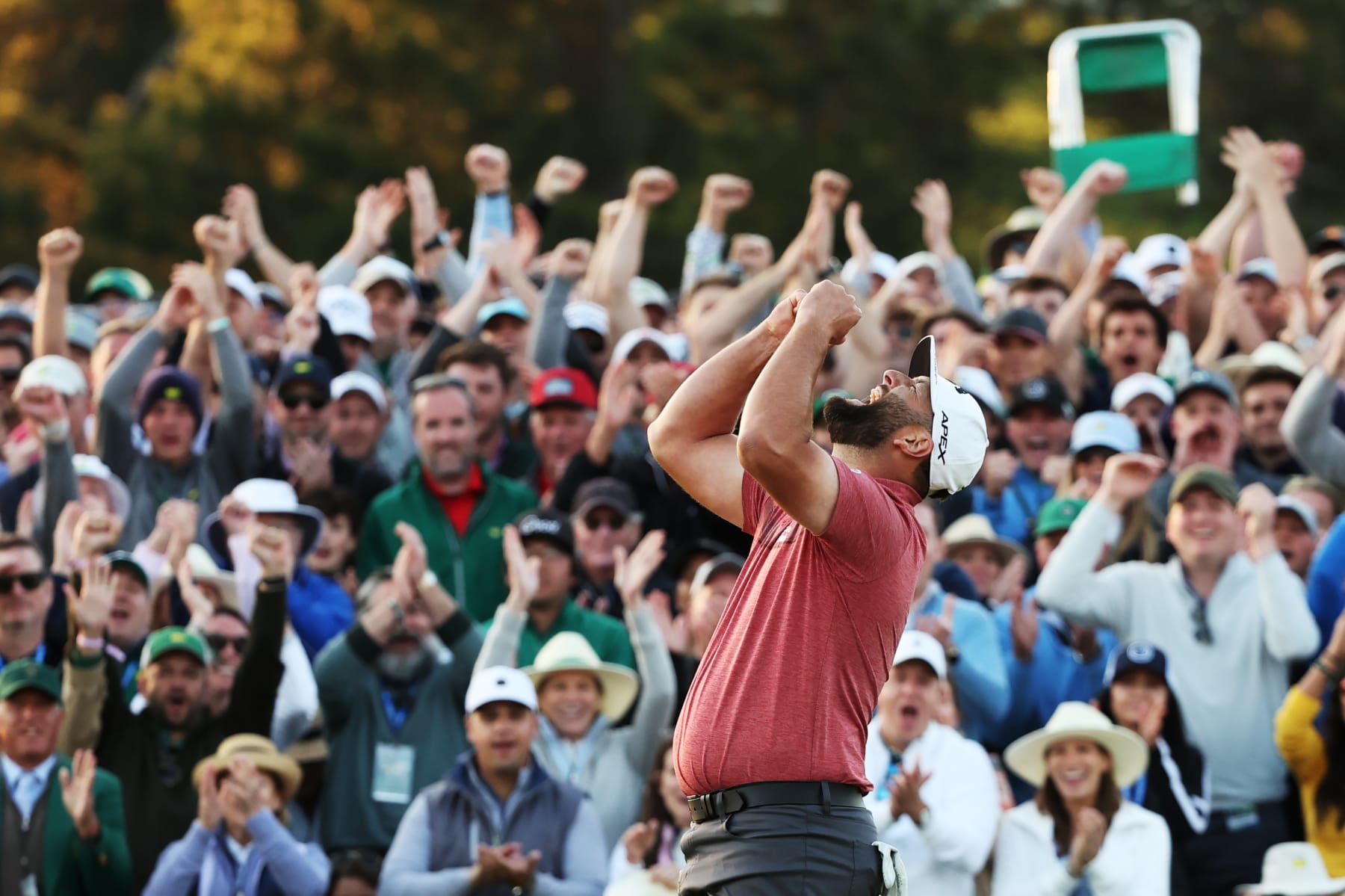 AUGUSTA, GEORGIA - APRIL 09: Jon Rahm of Spain celebrates on the 18th green after winning the 2023 Masters Tournament at Augusta National Golf Club on April 09, 2023 in Augusta, Georgia. (Photo by Christian Petersen/Getty Images)