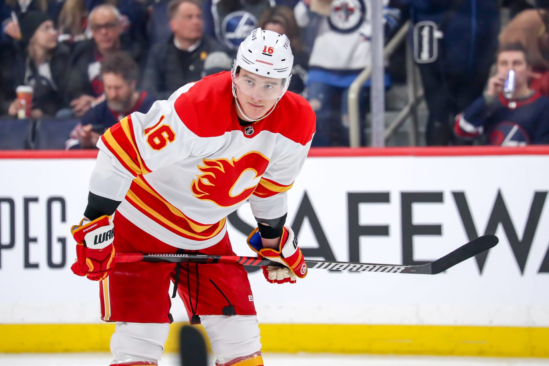 WINNIPEG, CANADA - APRIL 5: Nikita Zadorov #16 of the Calgary Flames looks on during a second period stoppage in play against the Winnipeg Jets at the Canada Life Centre on April 5, 2023 in Winnipeg, Manitoba, Canada. The Flames defeated the Jets 3-1. (Photo by Darcy Finley/NHLI via Getty Images)
