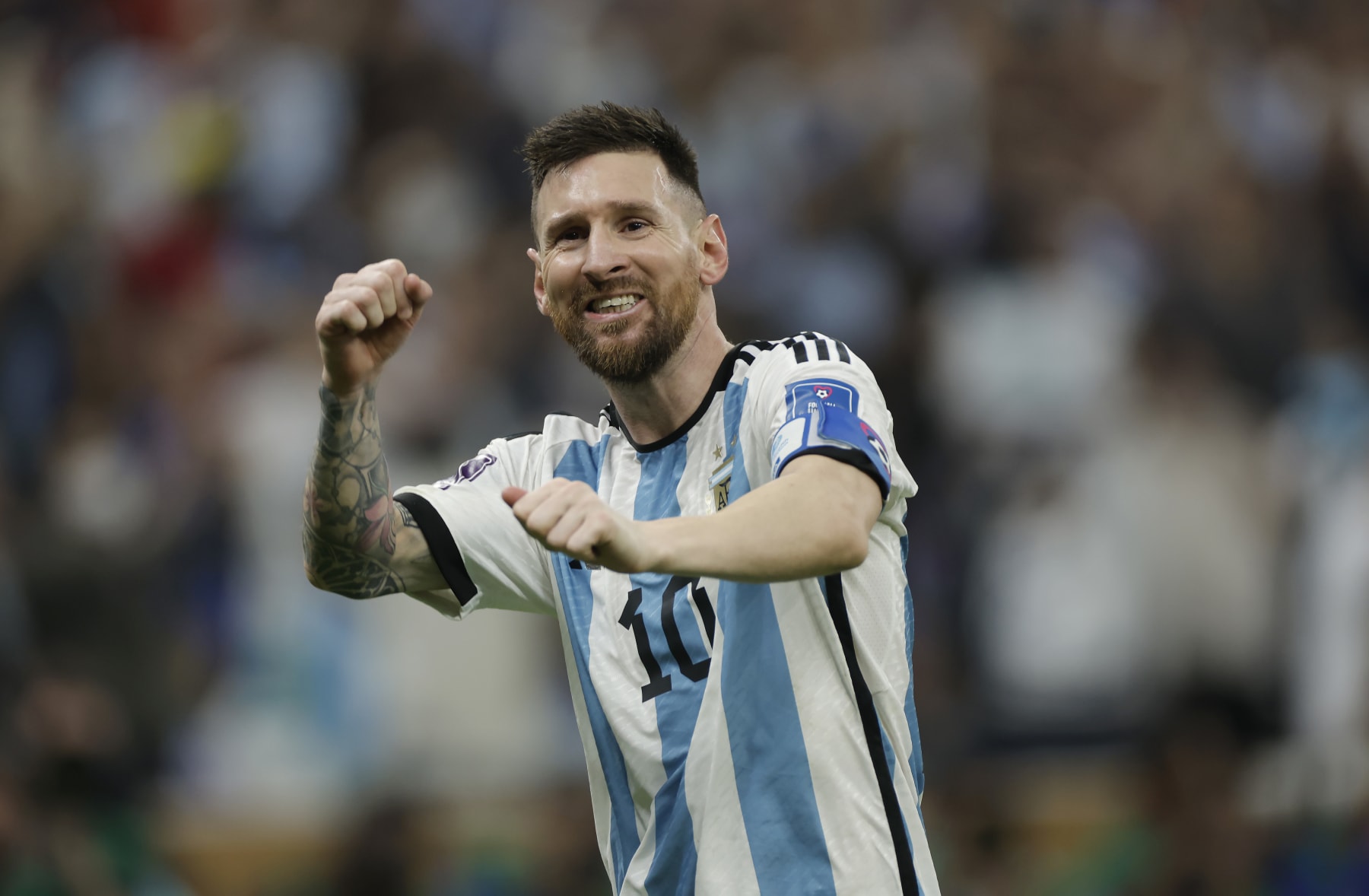Lionel Messi of Argentina celebrates scoring the third Argentina goal during the FIFA World Cup 2022 Final between Argentina and France at Lusail Iconic Stadium on December 18th 2022 in Doha, Qatar (Photo by Tom Jenkins/Getty Images)